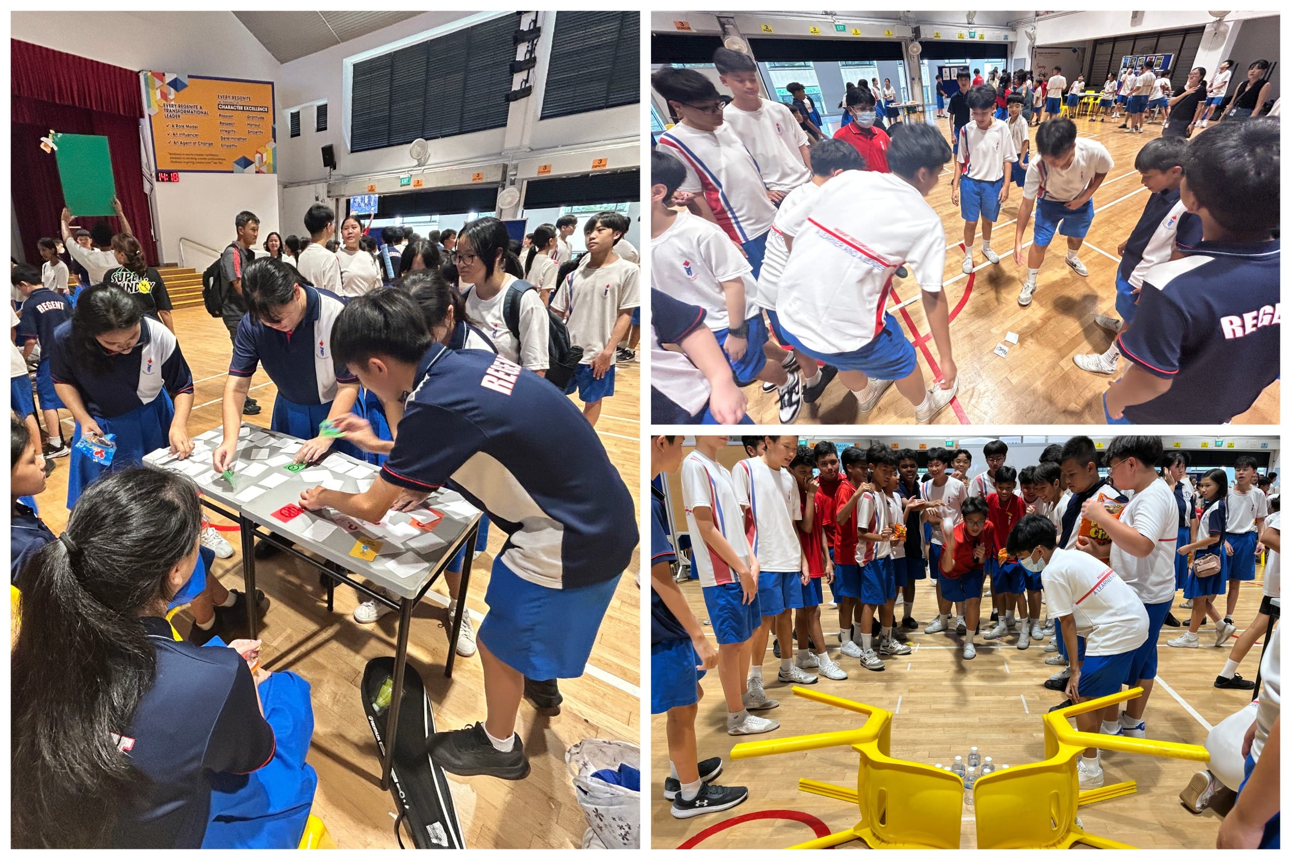 Students in school uniforms participate in group activities in a gymnasium, including a card game and team challenges.