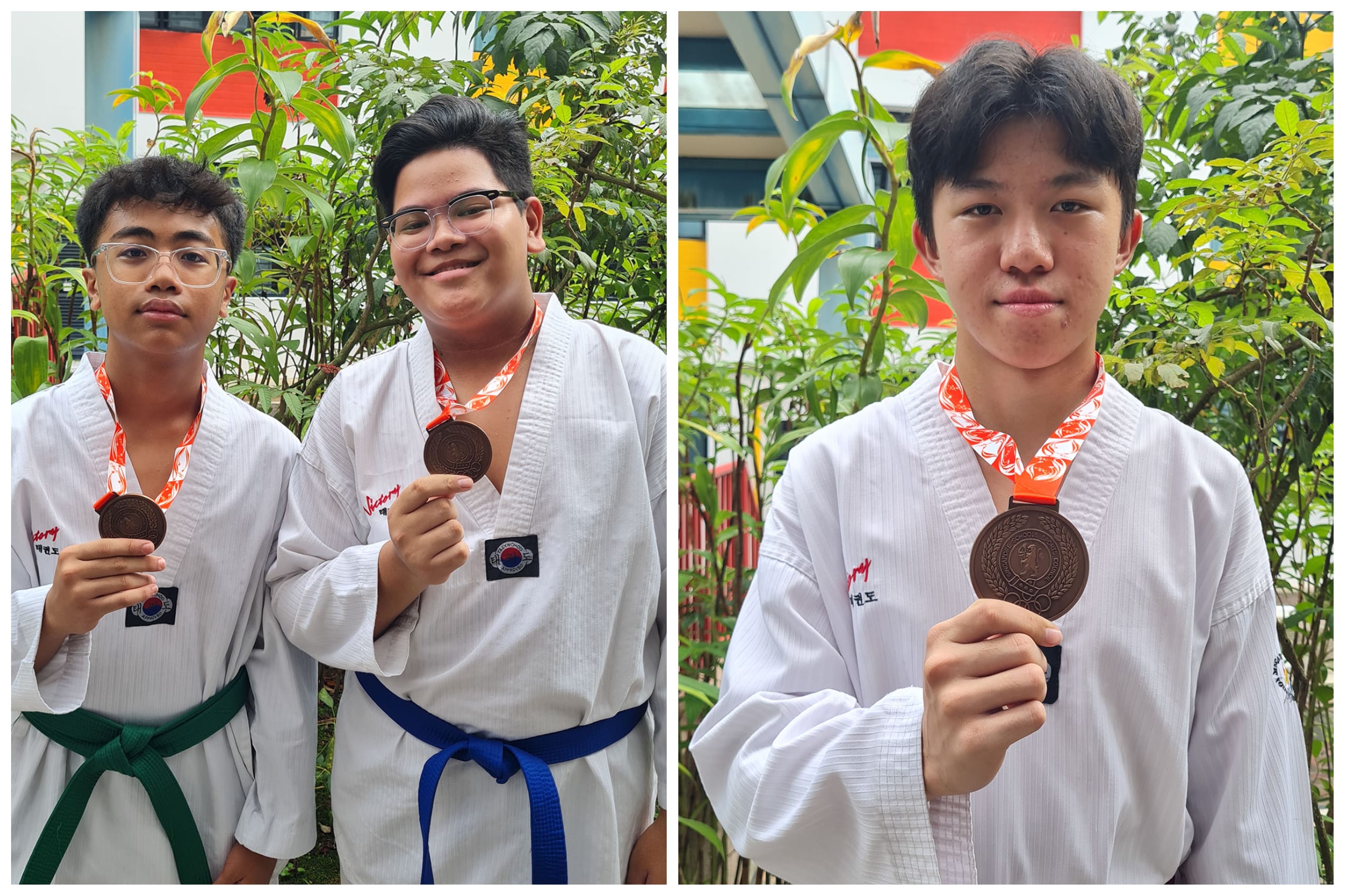 Three young taekwondo athletes in white uniforms hold bronze medals with red and white ribbons outdoors.