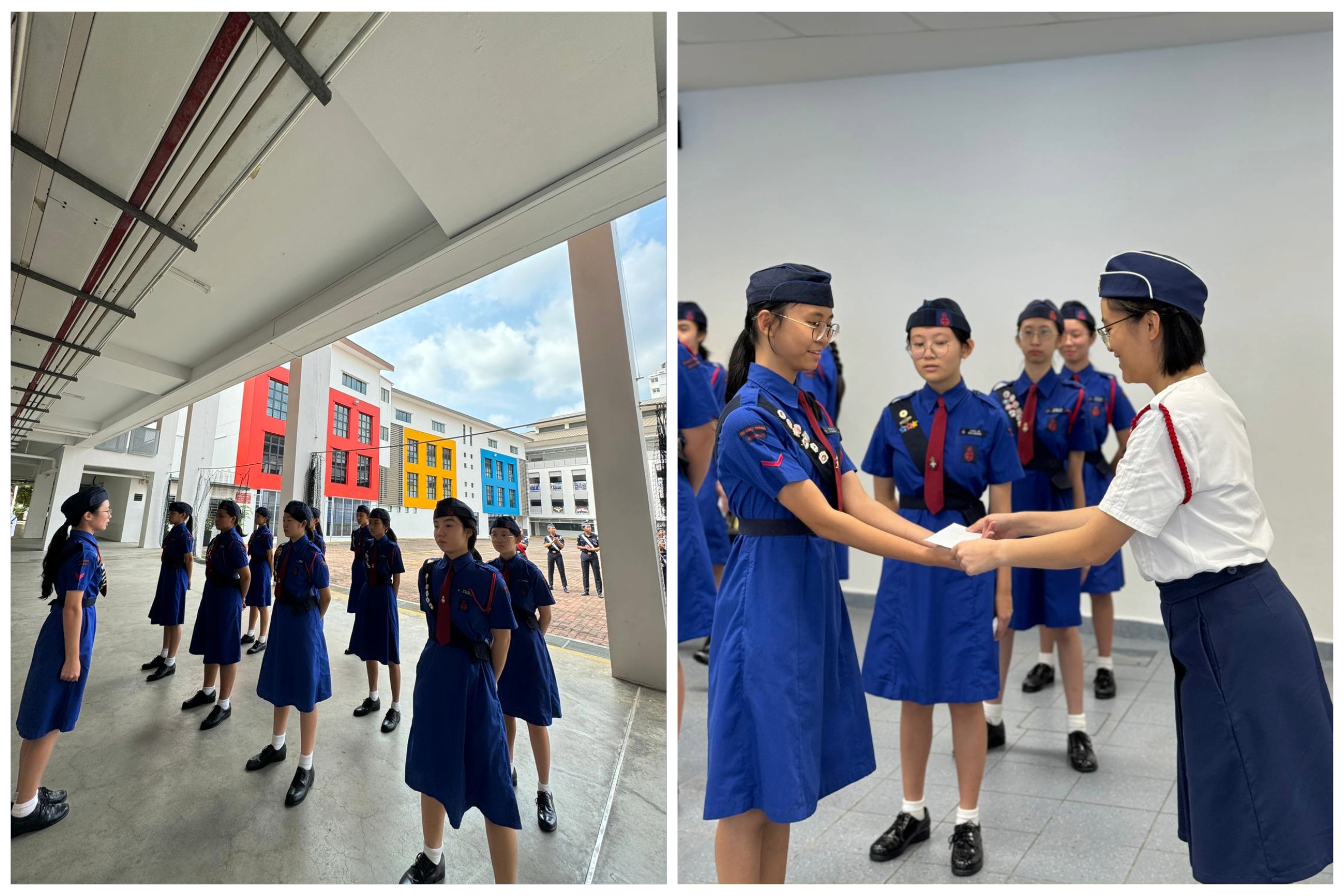 Girls in blue uniforms line up in a corridor; in another view, one receives a paper from a leader.