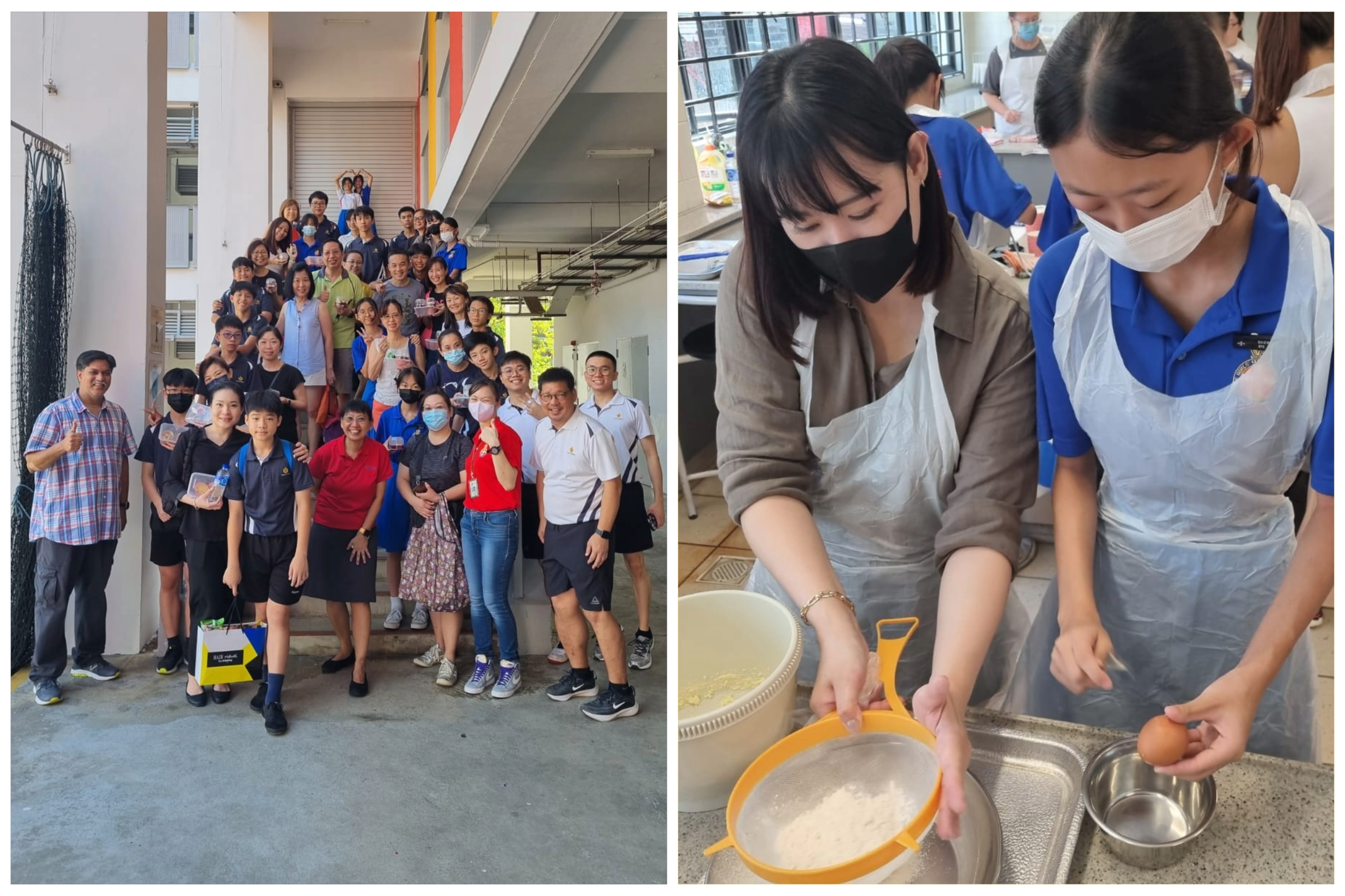Group photo on staircase; beside it, two masked people in aprons sift flour and crack eggs at a sink.