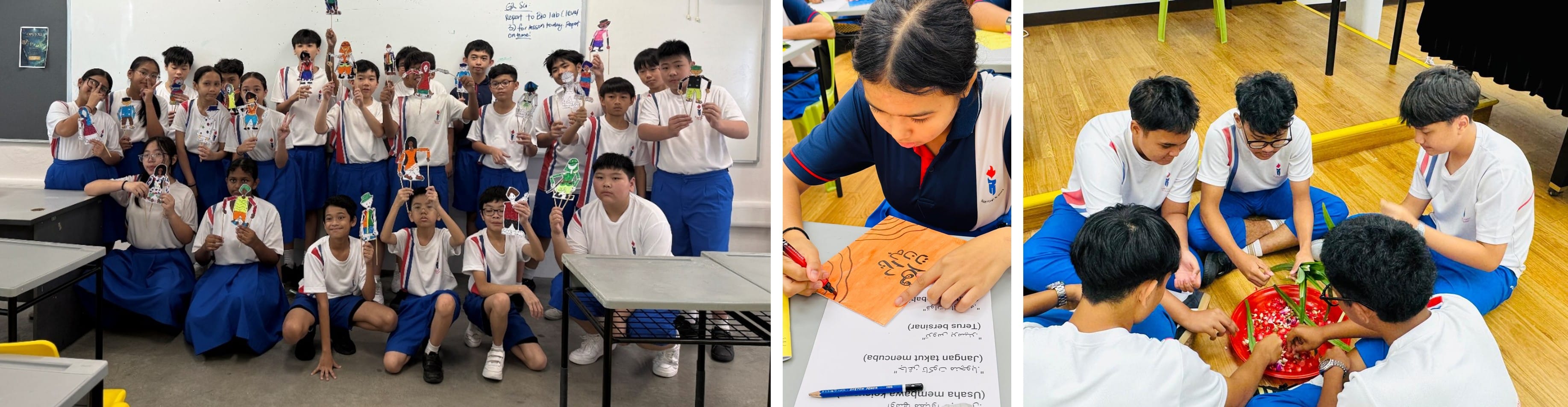 Students in white and blue uniforms hold paper puppets, write on orange paper, and work together on a craft activity.