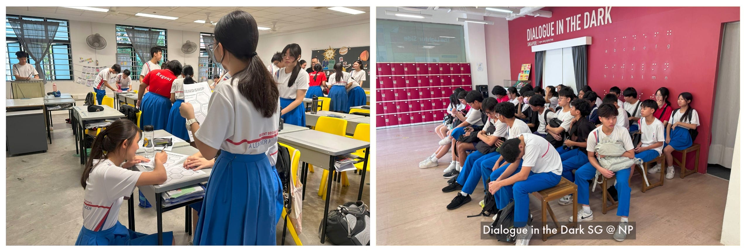 Students in uniform doing classwork on the left, and sitting at Dialogue in the Dark SG on the right.