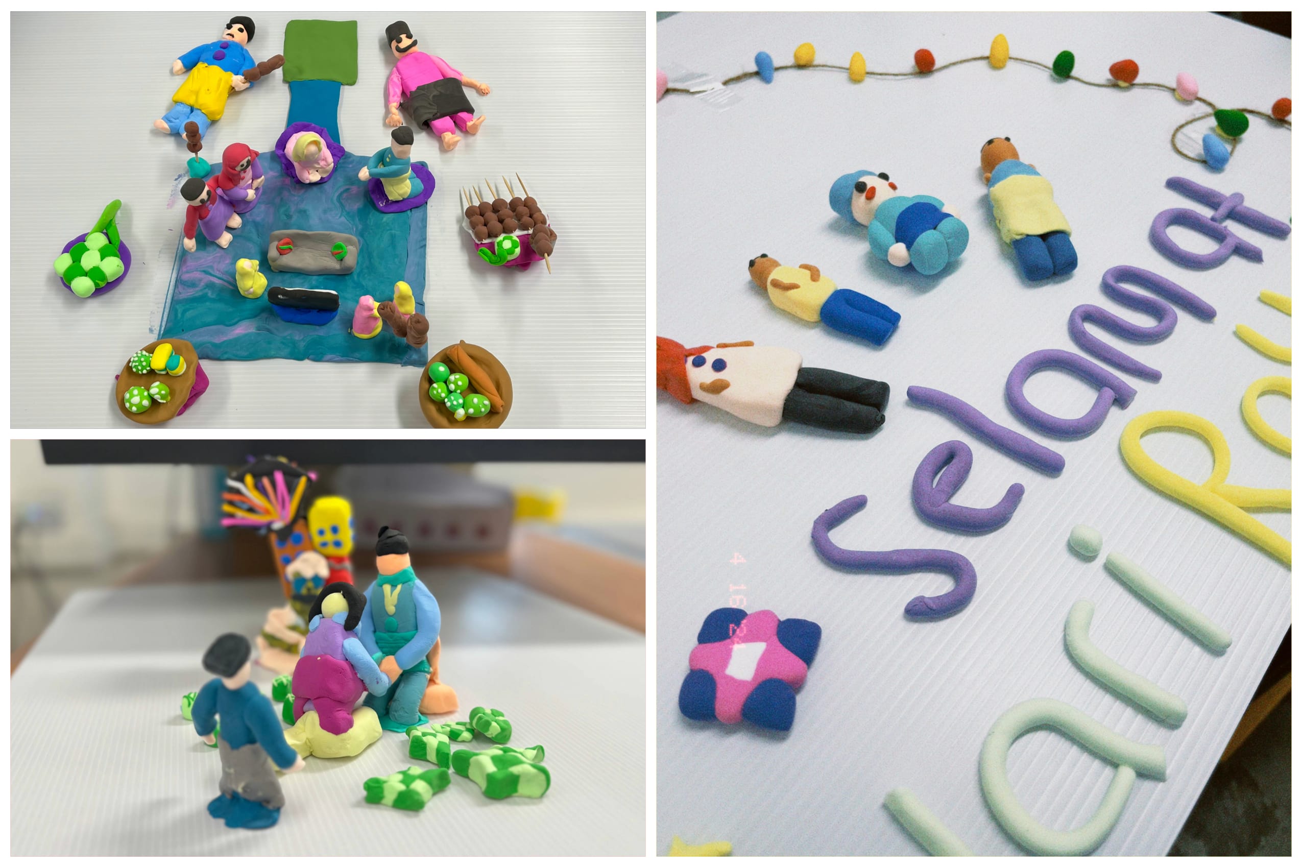 Three clay art scenes showing colorful figurines gathered around food, with a board reading "Selamat Hari Raya."