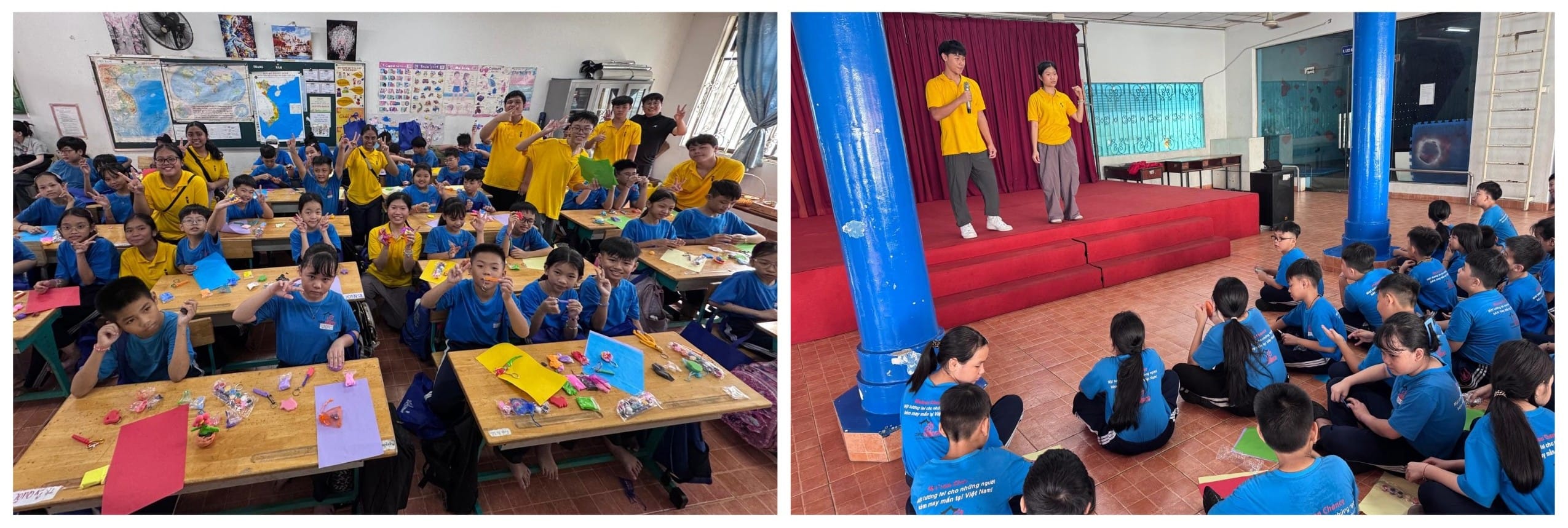 Children in blue shirts do origami in a classroom; two youth in yellow shirts present on a red stage to seated kids.