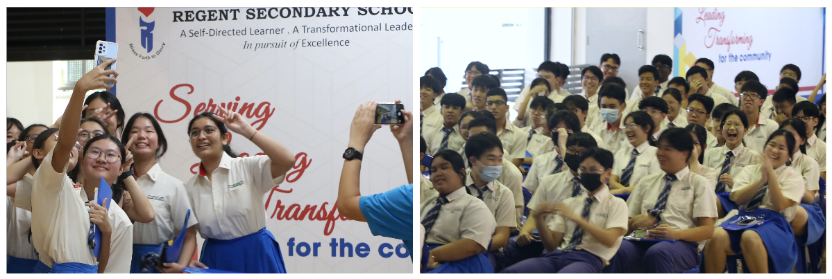 Students in uniform at Regent Secondary School, some taking selfies on the left, others laughing while seated on the right.
