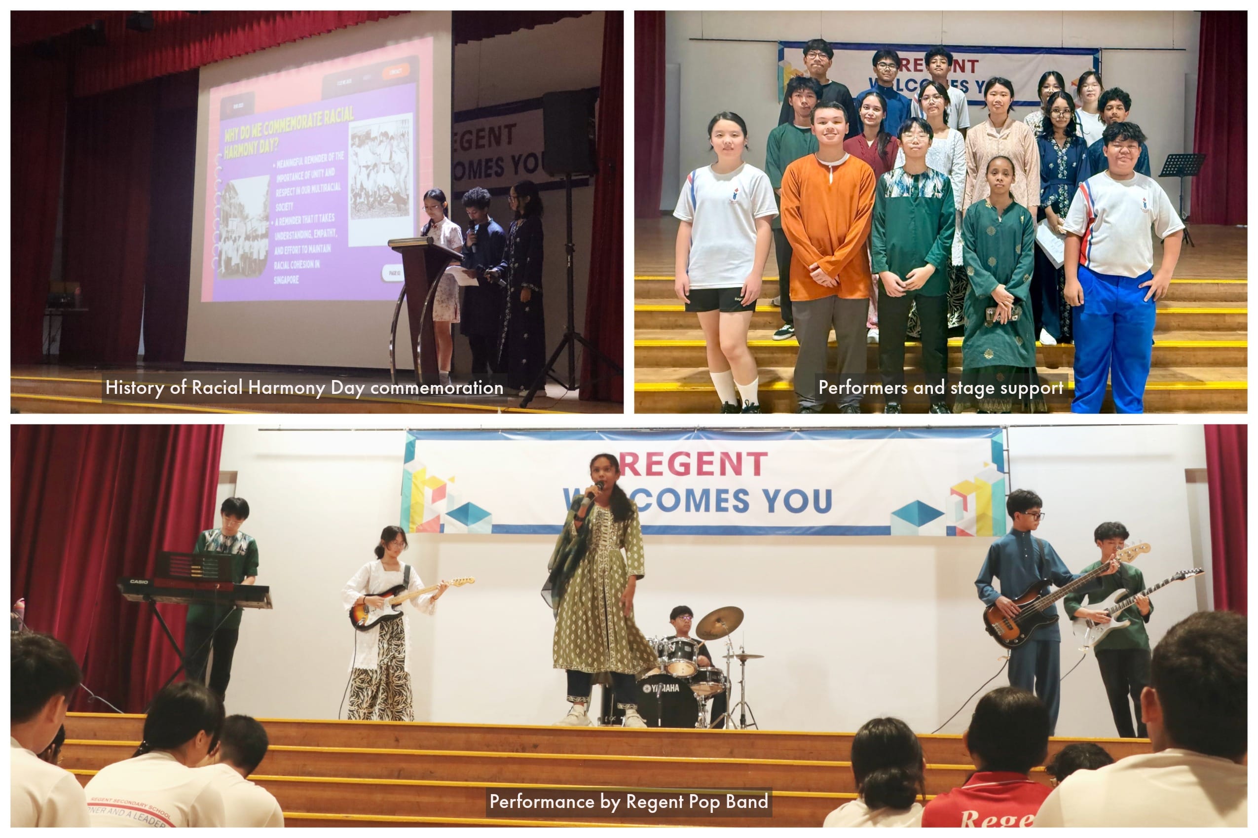 Students at Regent school celebrate Racial Harmony Day with a presentation, group photo, and live band performance on stage.