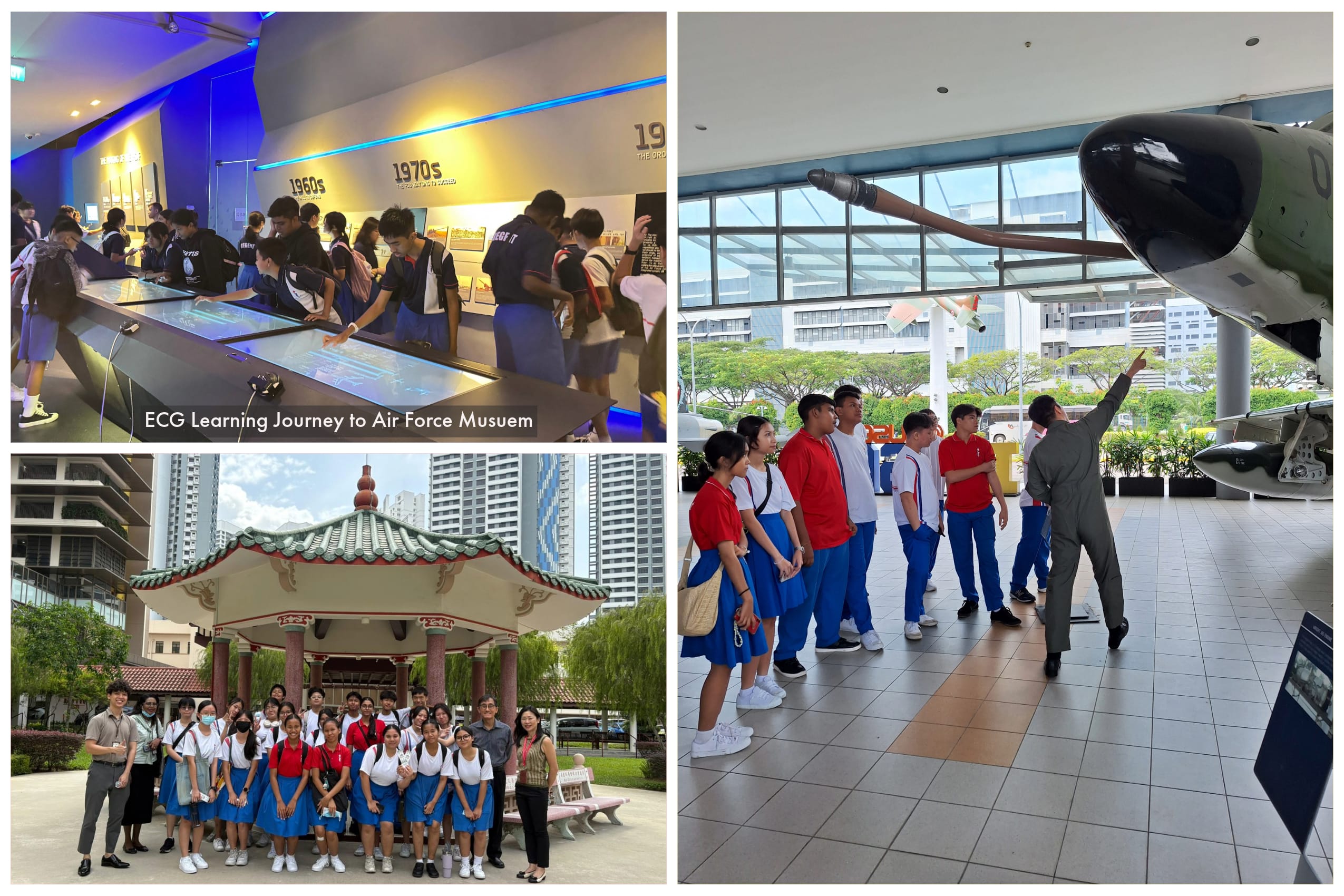 Collage of students at Air Force museum exhibits, posing in courtyard, and viewing an aircraft with a guide.