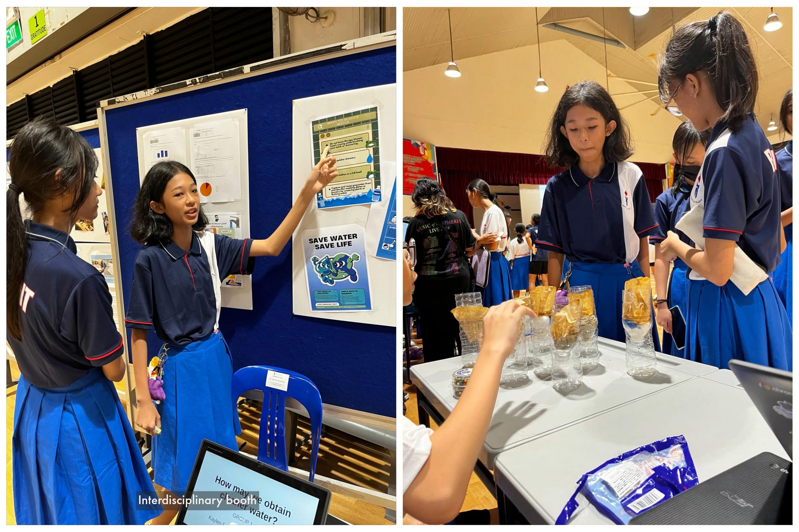 Two school girls in blue uniforms present a Save Water project at a science fair, with posters and experiment materials on display.