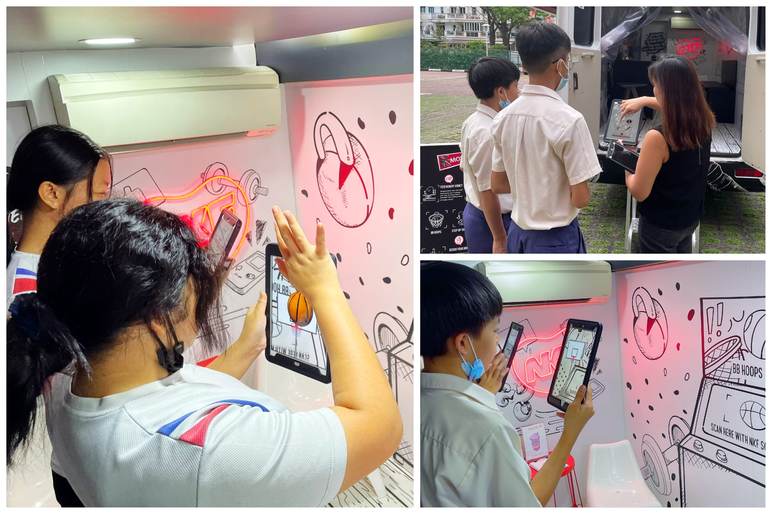 Students use tablets inside and outside a pink-walled interactive pop-up truck with basketball-themed wall art.