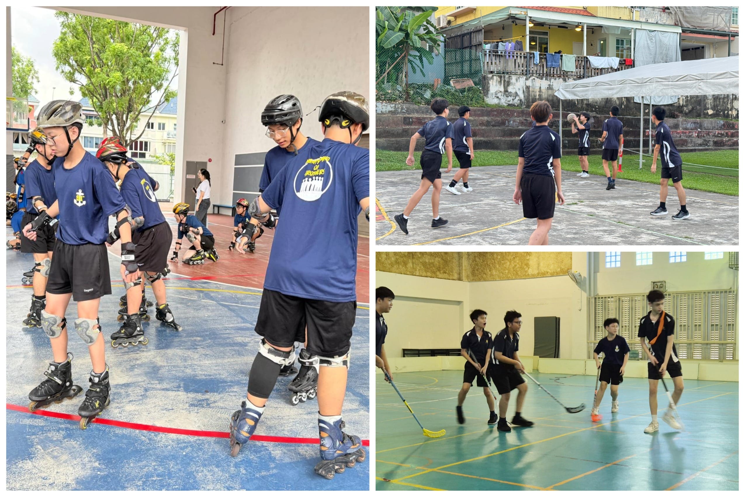 Three panels show teens in navy uniforms inline skating with helmets, playing handball outdoors, and playing floorball indoors.