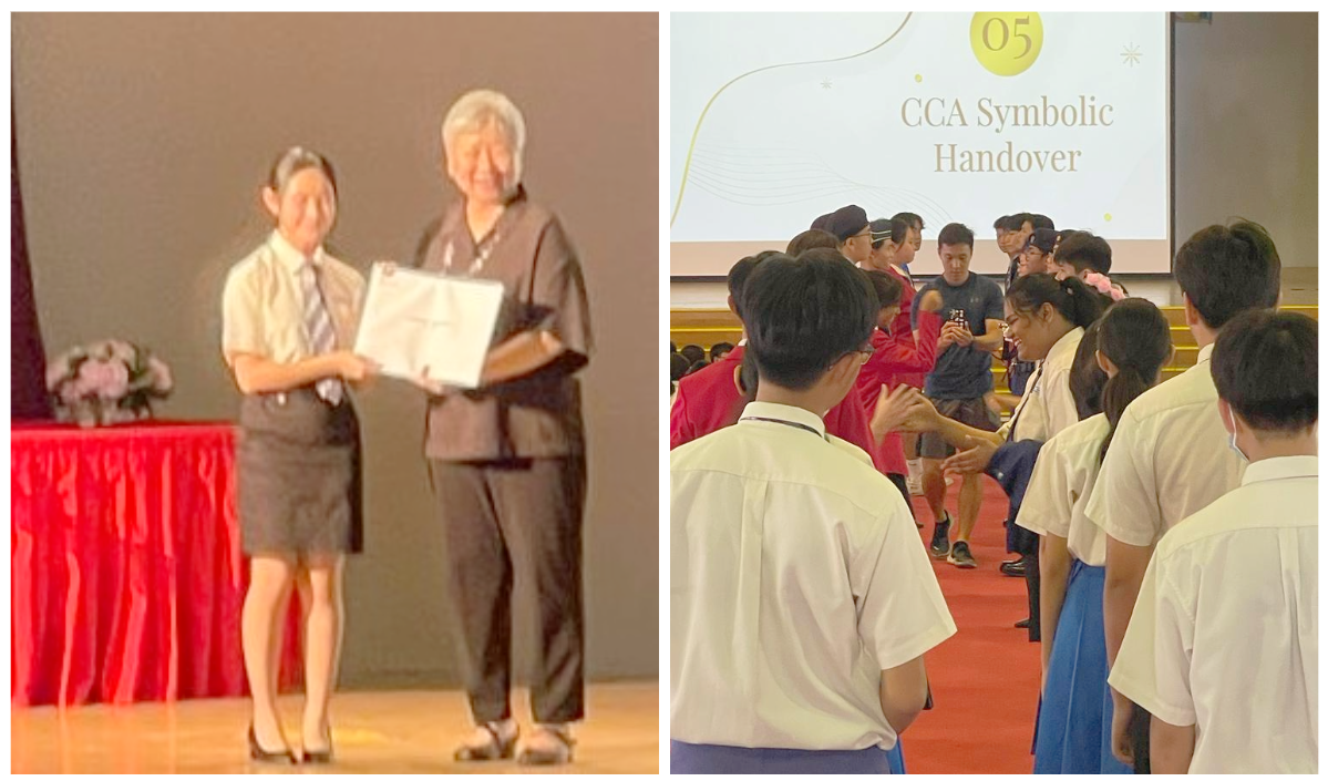 Two school scenes: a certificate presentation on stage and students gathered for a CCA Symbolic Handover ceremony.