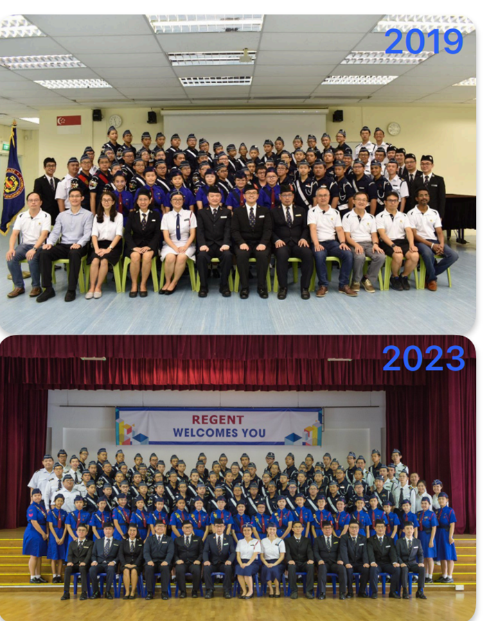 Two large group photos of uniformed students and staff taken in 2019 and 2023 at Regent school.