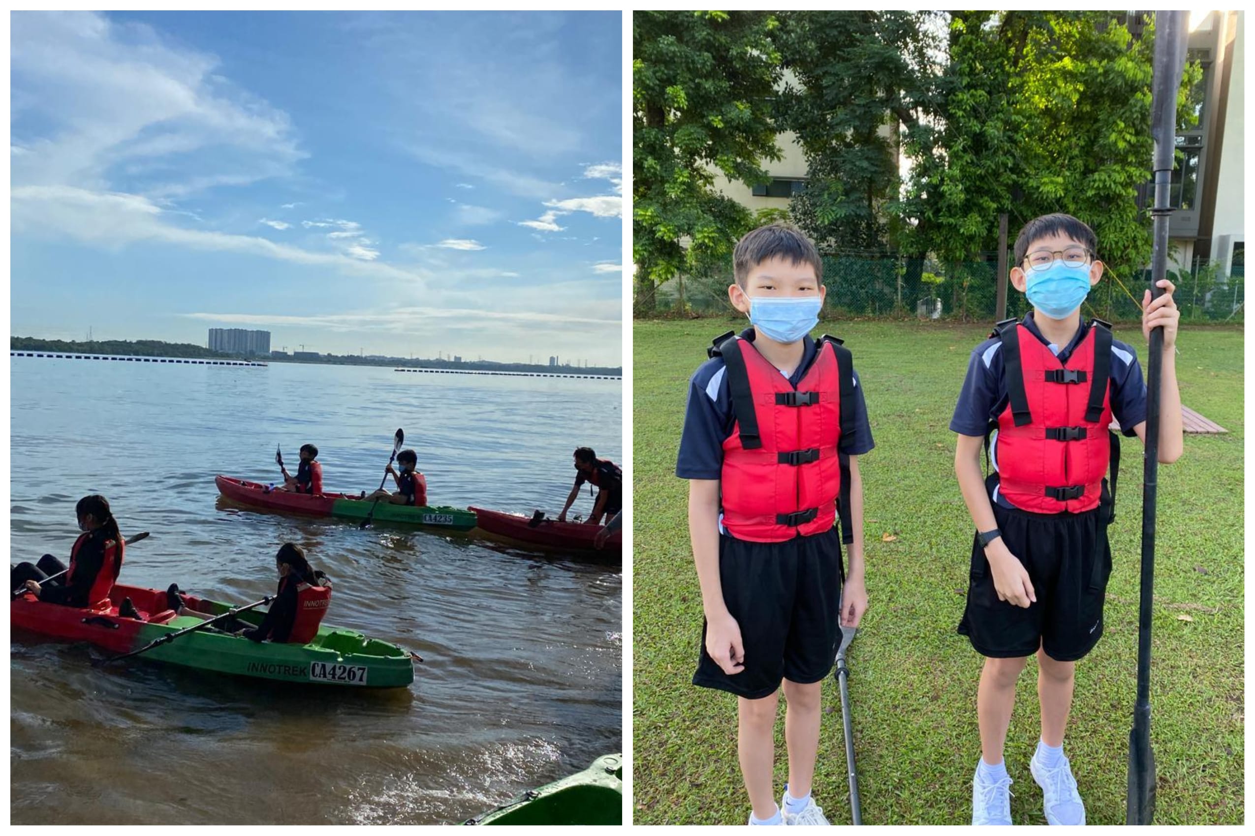 Two boys in red life jackets and masks stand on grass; beside them, kids paddle kayaks on a river.