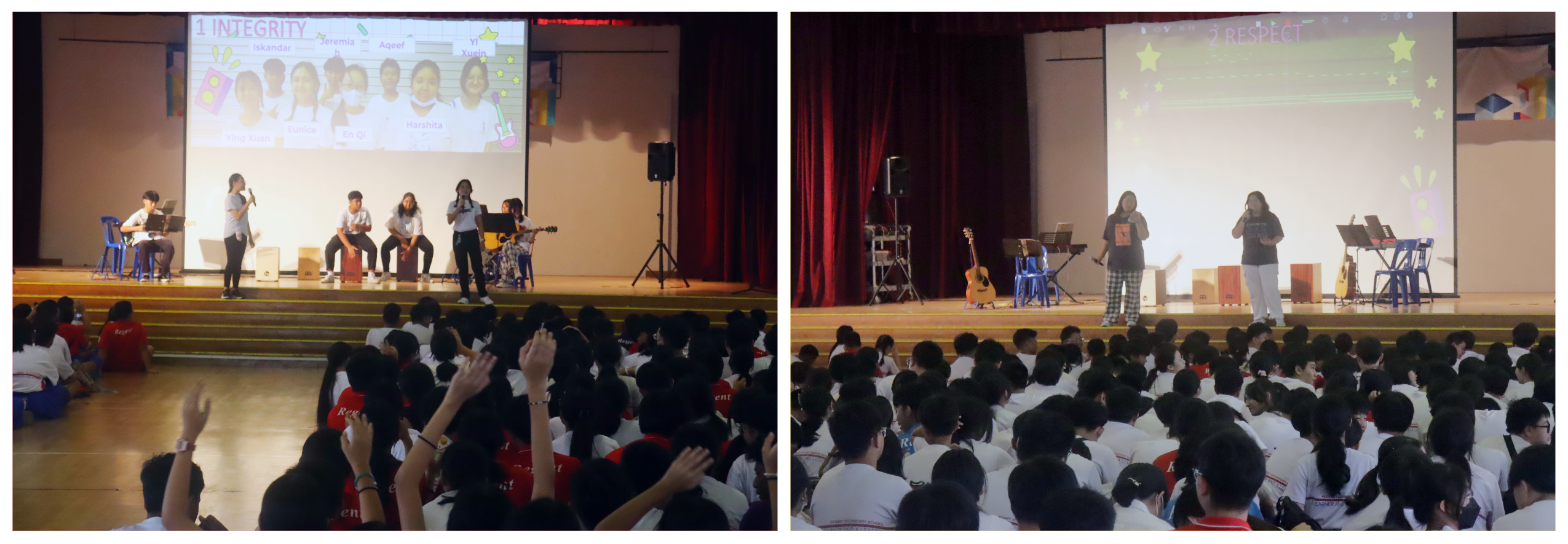 Students perform on a school stage with guitars and projected slides about integrity and respect, while a large audience watches.
