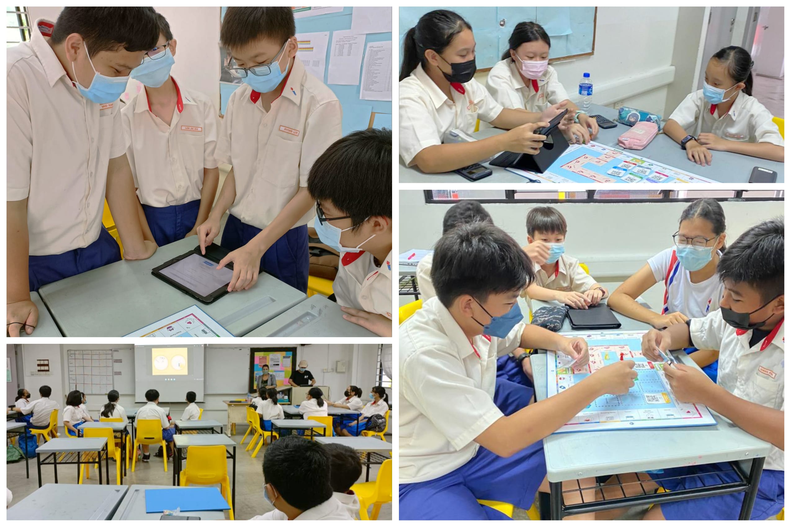 Students in school uniforms and masks collaborate using tablets and board game materials in classroom settings.