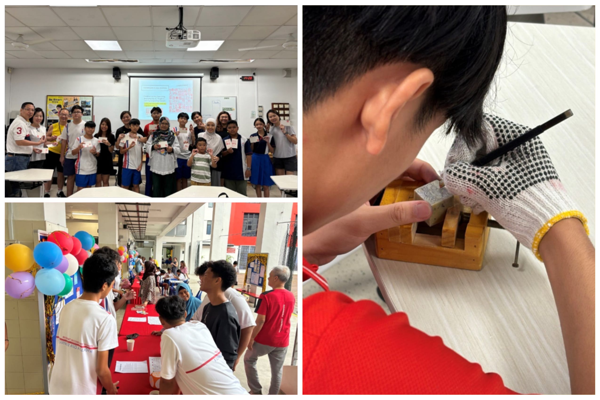 Three scenes: a classroom group photo, students at a balloon-decorated outdoor booth, and a gloved student carving a wooden block.