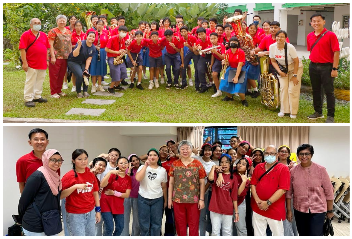 Two group photos: top shows students in red uniforms holding brass instruments outdoors; bottom shows a mixed group posing indoors.