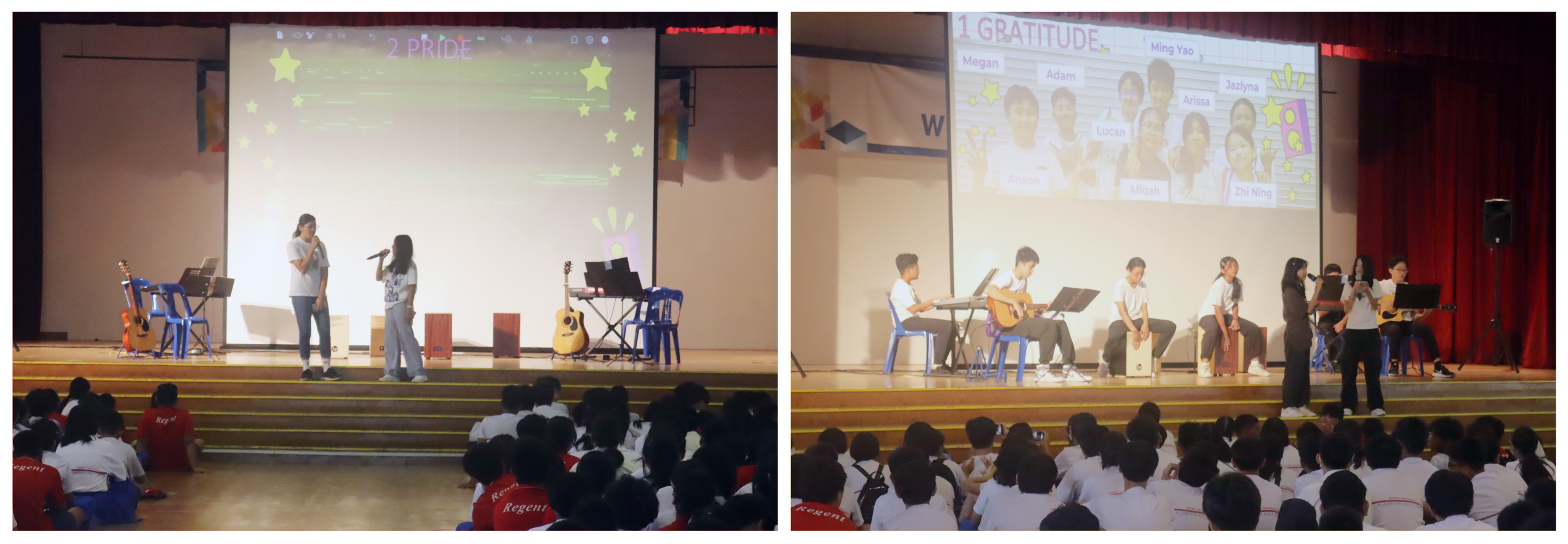 Two school stage performances: left shows two students with microphones, right shows students playing guitars with an audience seated on the floor.