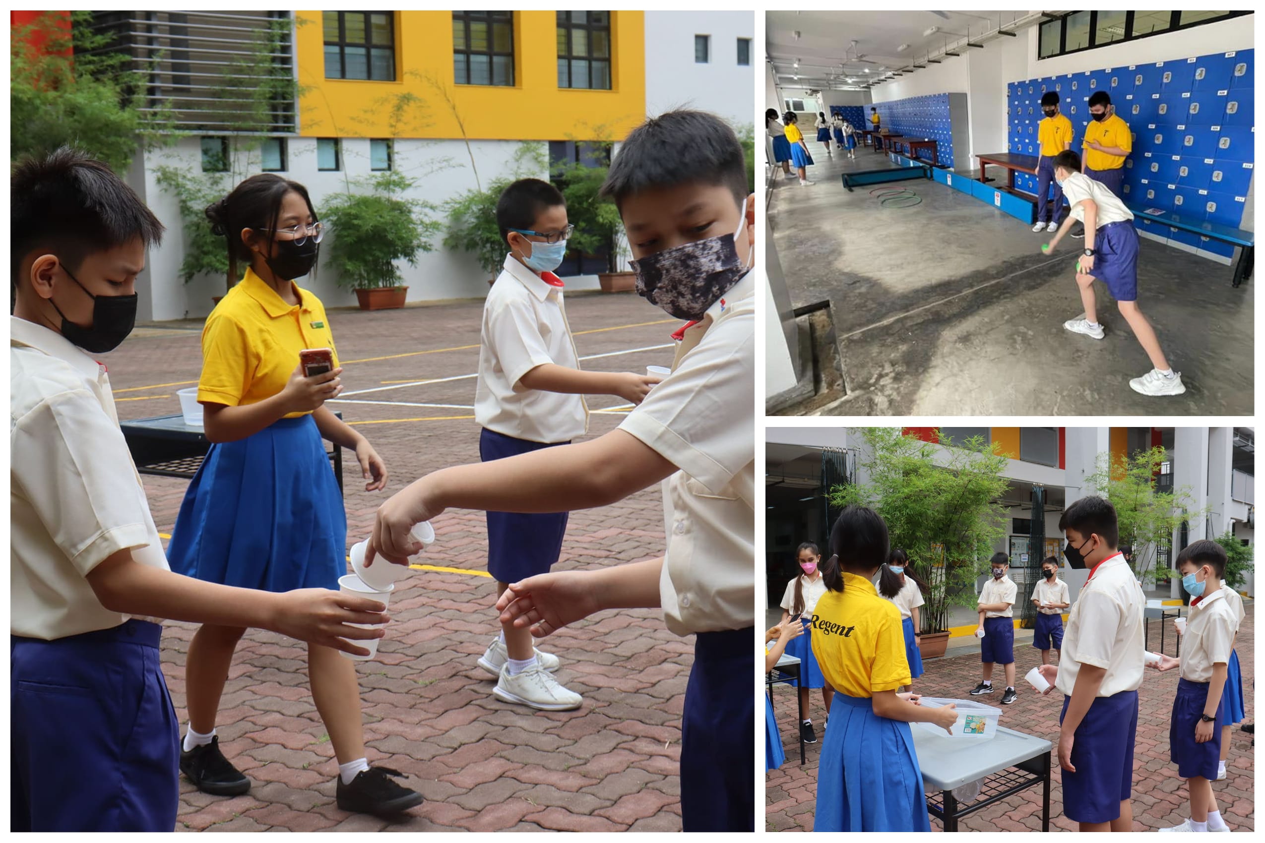 Students in school uniforms and face masks participate in outdoor and indoor group activities on a school campus.