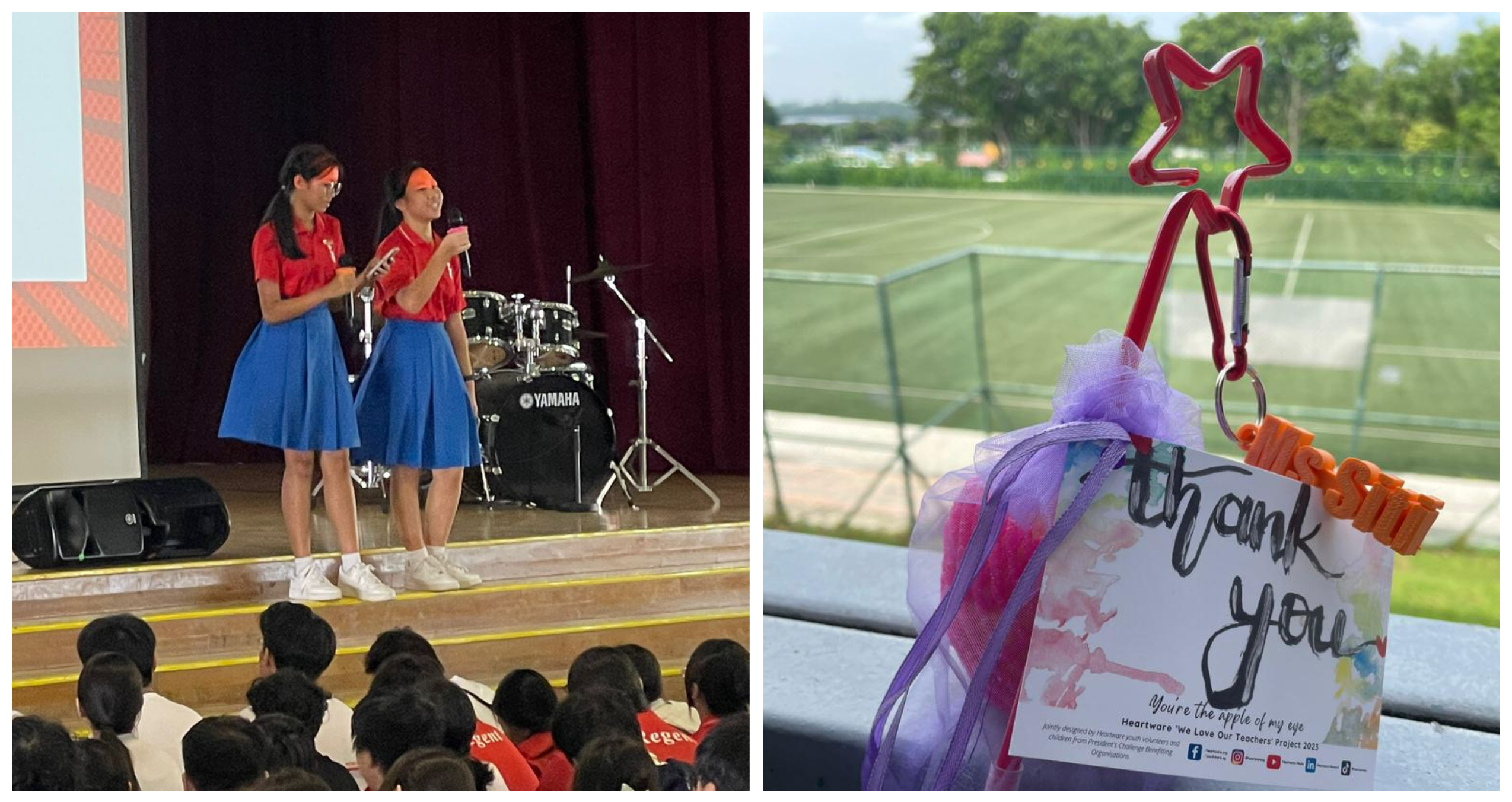 Two girls in red tops and blue skirts speak onstage; beside it, a star keychain holds a thank-you card.