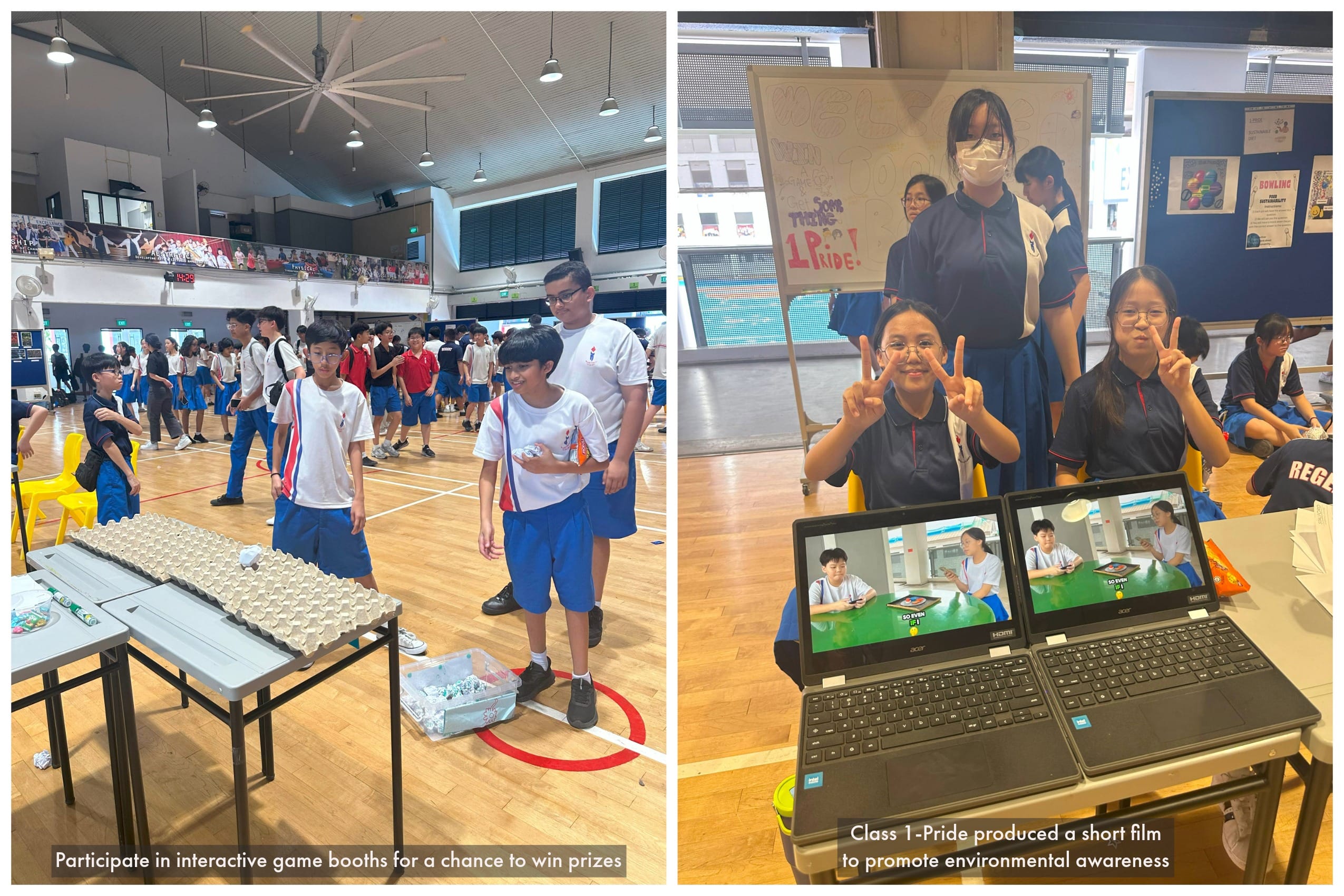 Students participate in school event game booths left, and Class 1-Pride pose with laptops showing their environmental short film right.