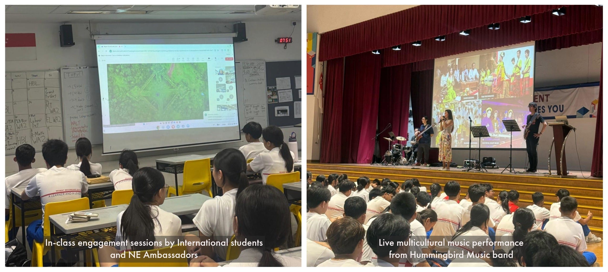 Two school scenes: students watching a classroom projector presentation, and an audience watching a live stage music performance.