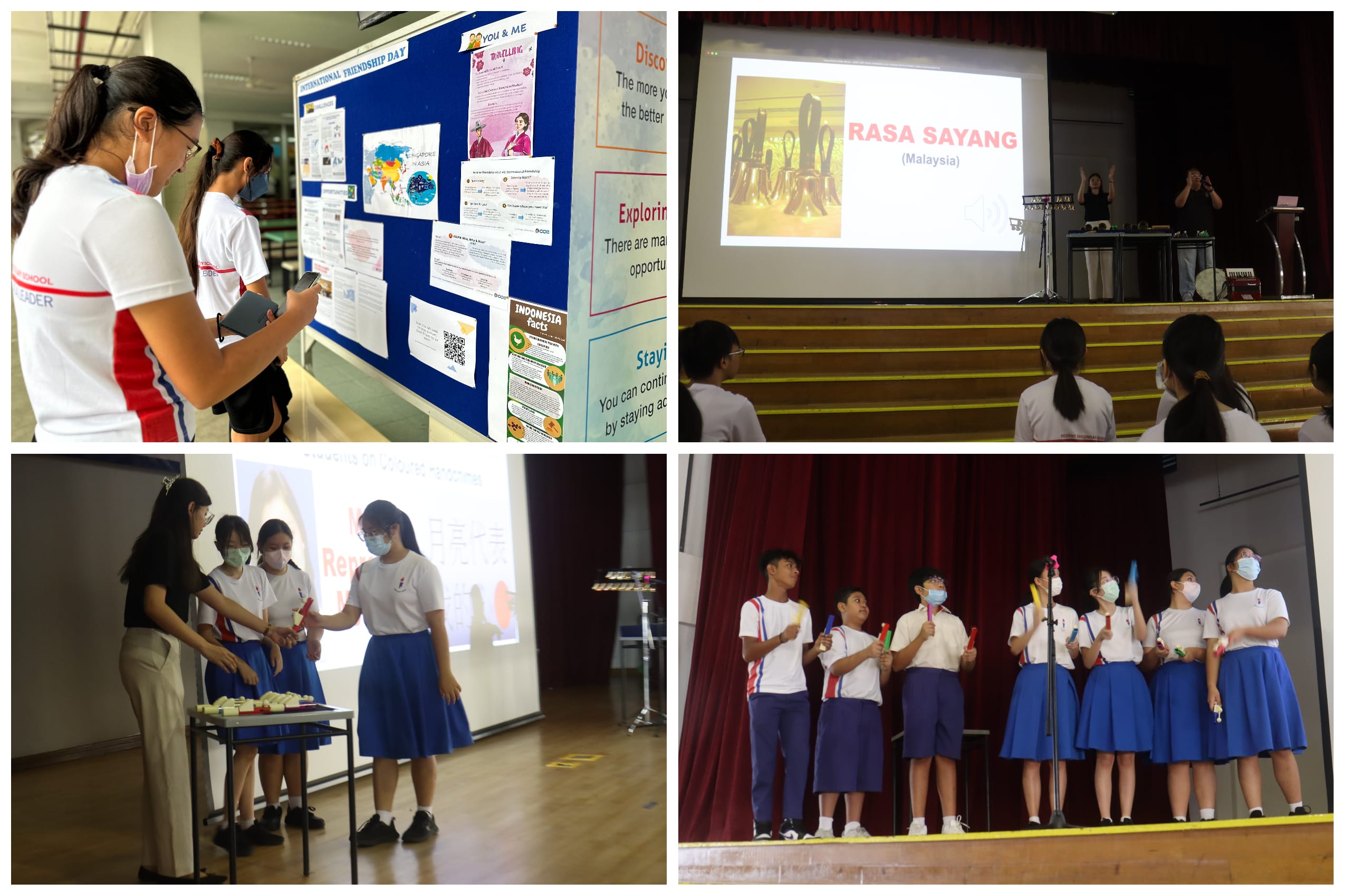 Four scenes of a school cultural event: students at a display board, a Rasa Sayang Malaysia slideshow, and stage performances.