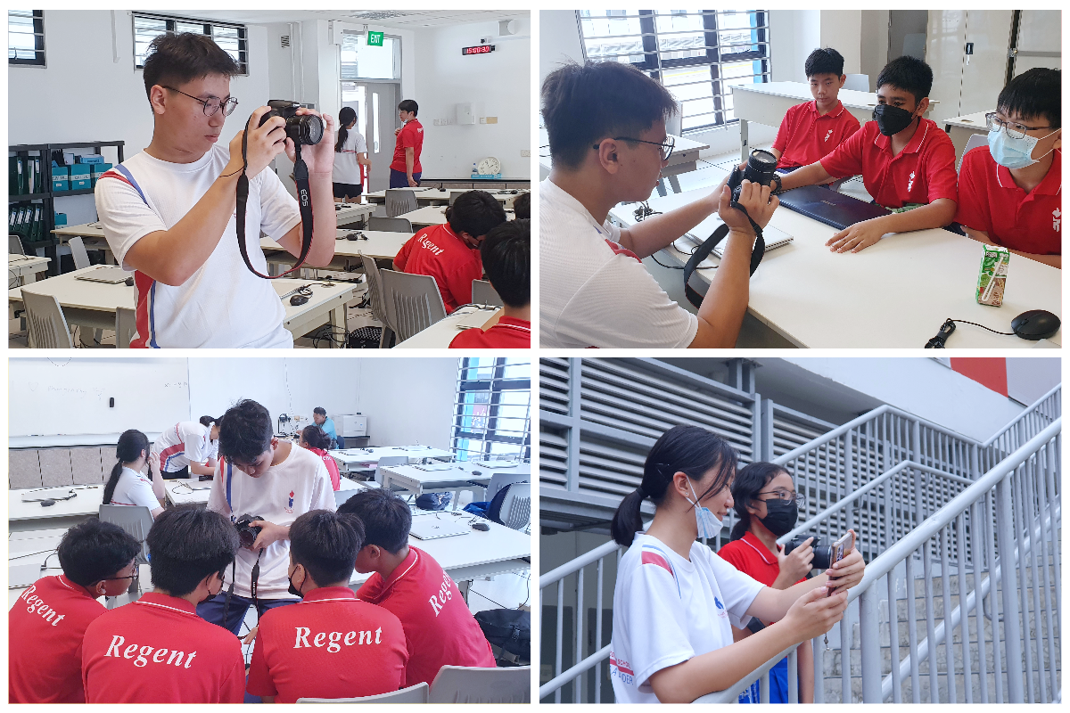 Students in red Regent uniforms learn photography indoors and outdoors, handling cameras in small groups.