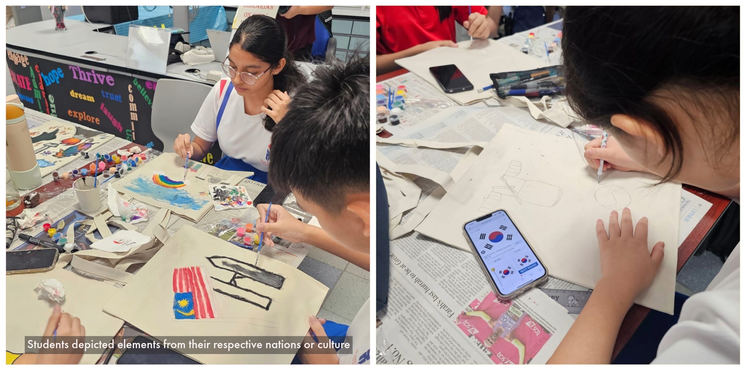Students painting cultural symbols including Malaysian and Korean flags on canvas bags at a table with art supplies.