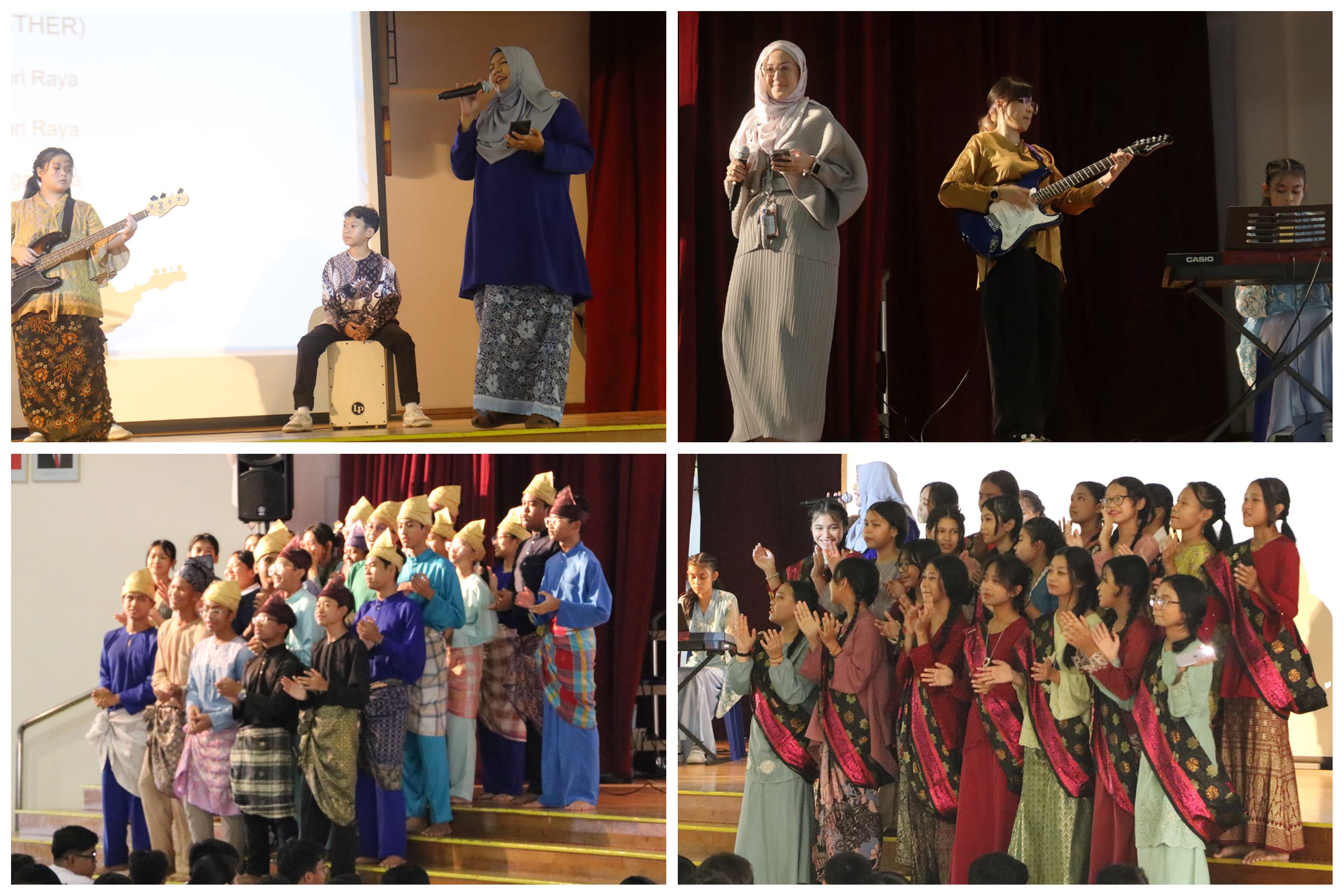 Four-panel collage of a cultural stage performance with singers, guitarists, and students in traditional Malay costumes.