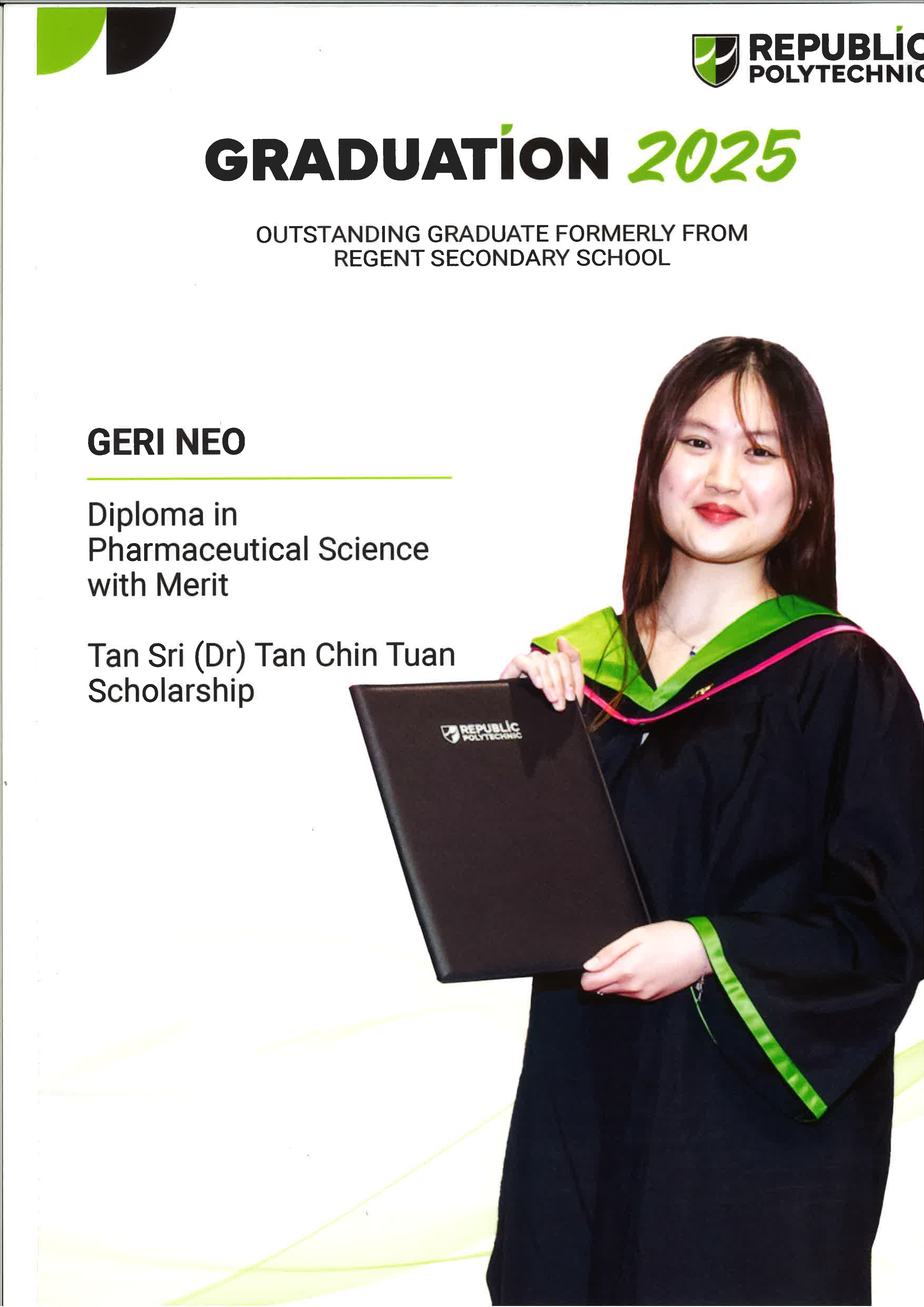 Republic Polytechnic Graduation 2025 certificate featuring Geri Neo in black gown with green trim holding a diploma folder.