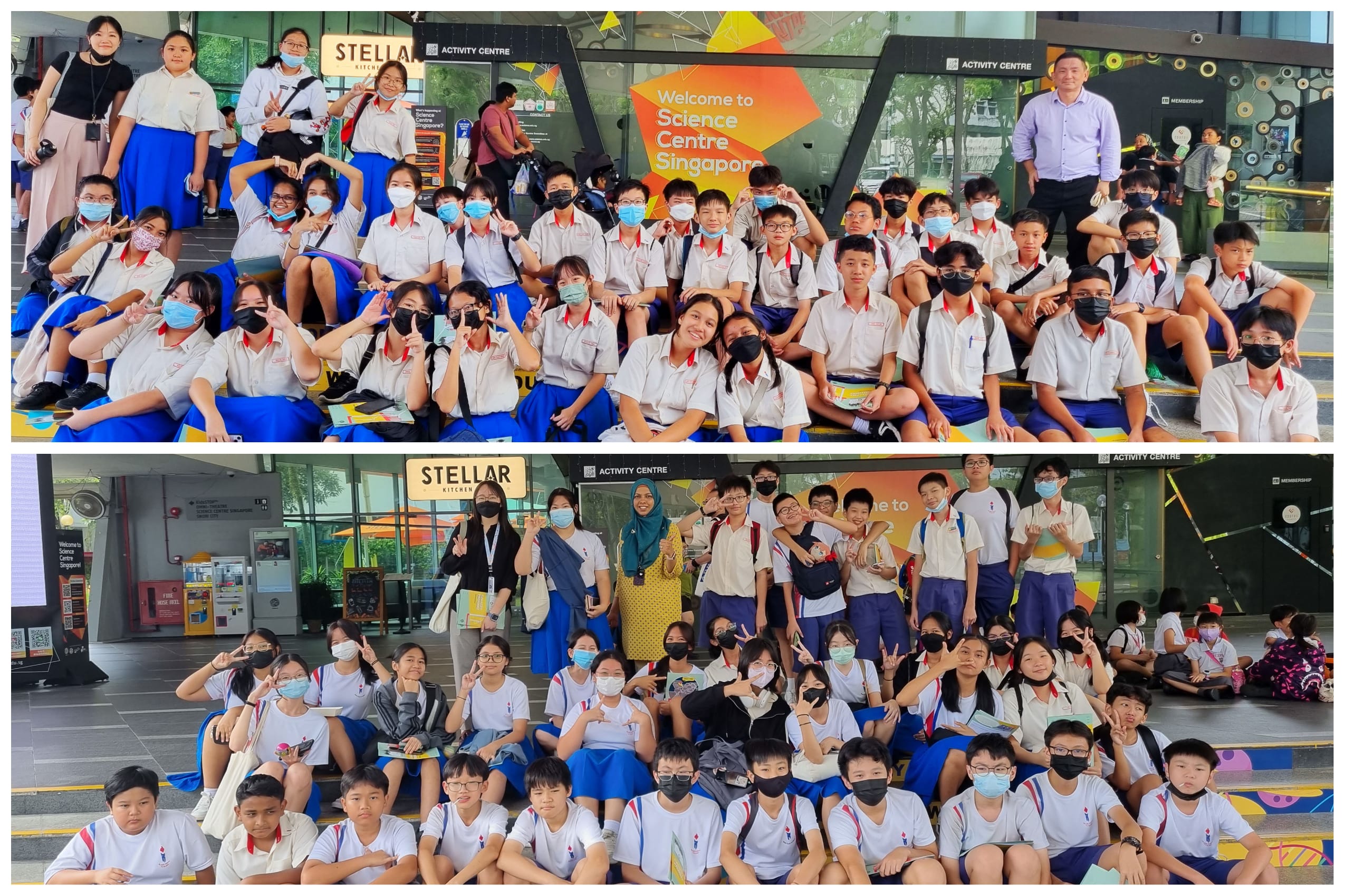 Two group photos of uniformed students and teachers posing outside Science Centre Singapore entrance.