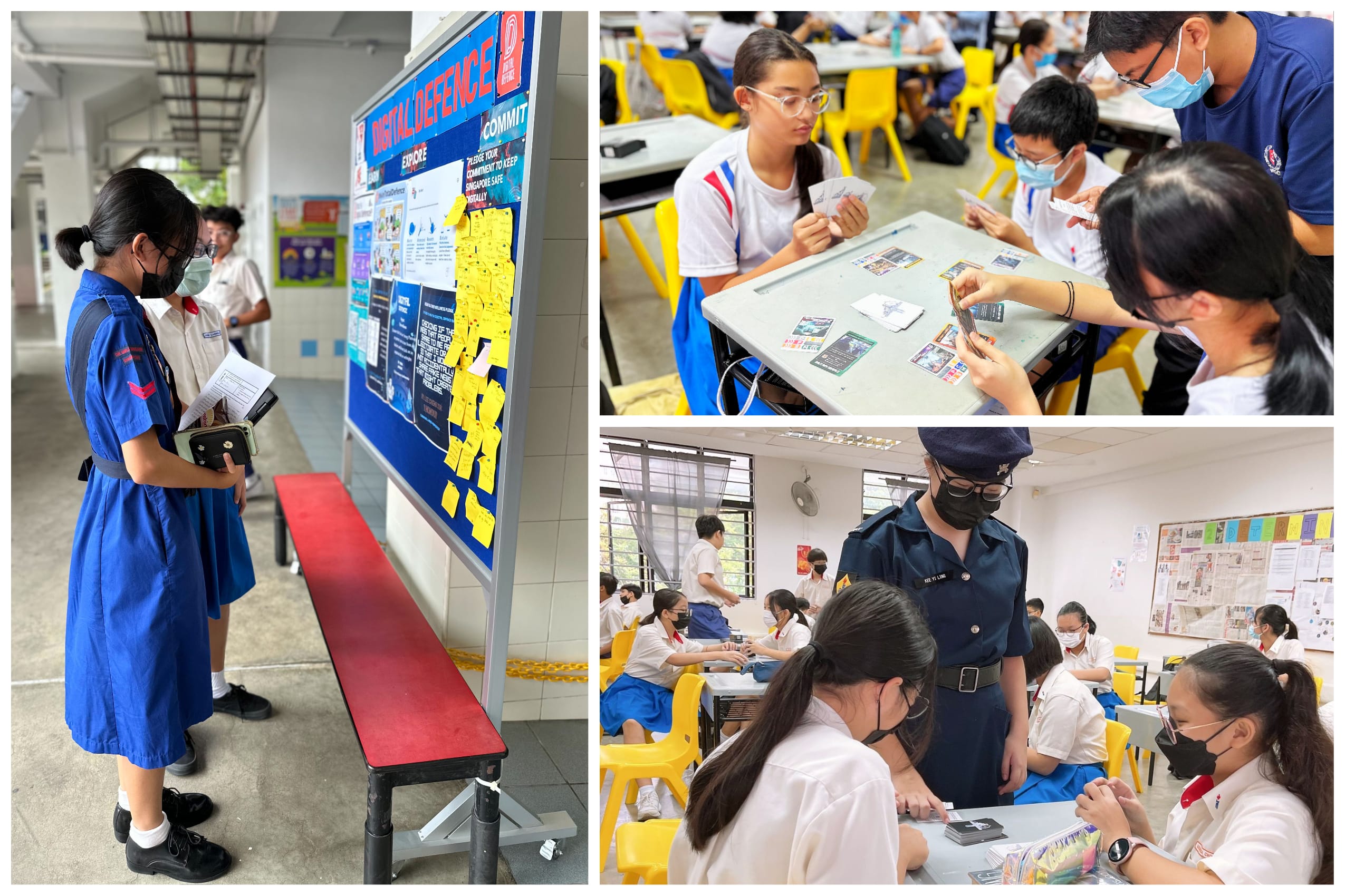 Students in uniforms read a Digital Defence board and participate in card activities at classroom tables.