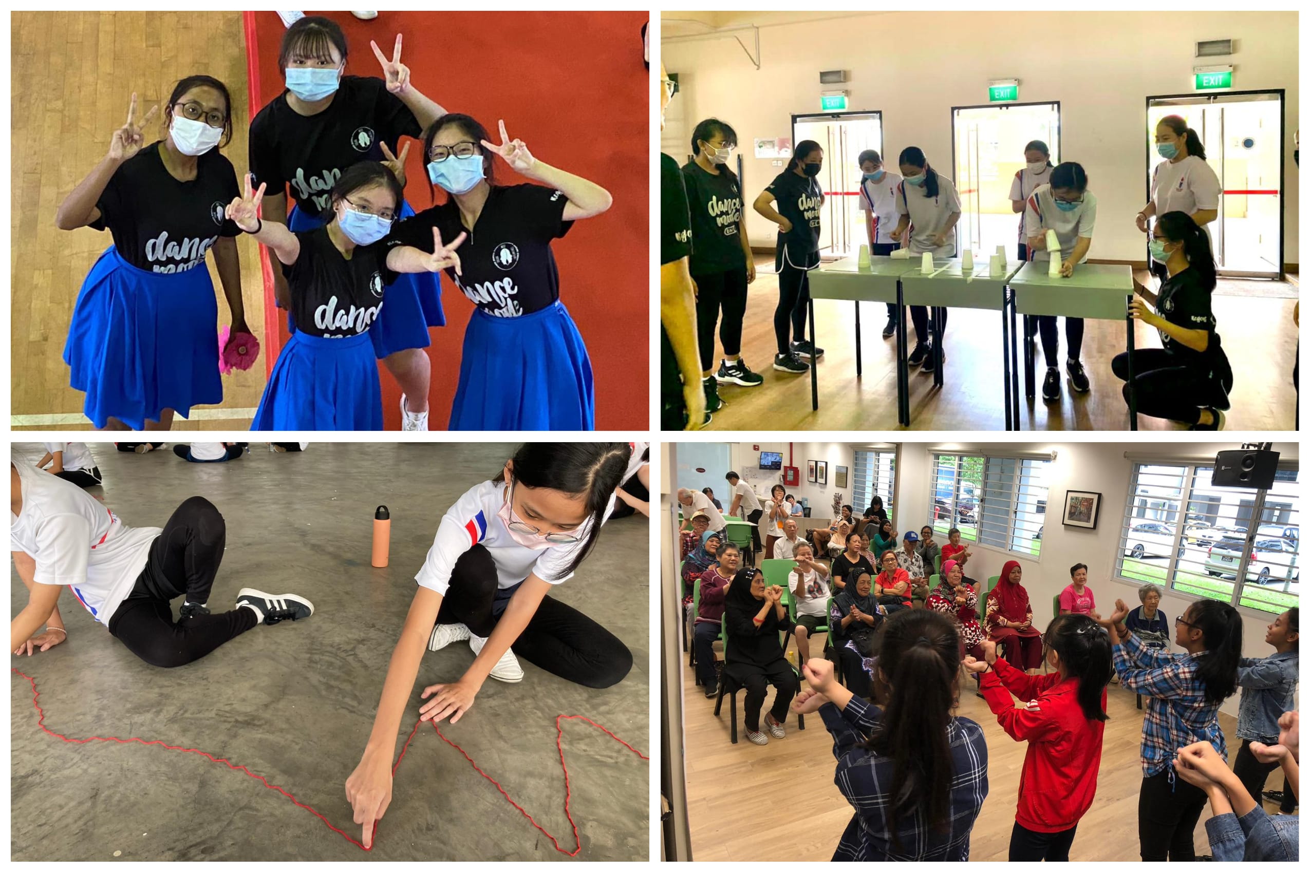Four photos show masked youth and seniors doing dance, cup stacking, floor activities, and group exercises in a community hall.