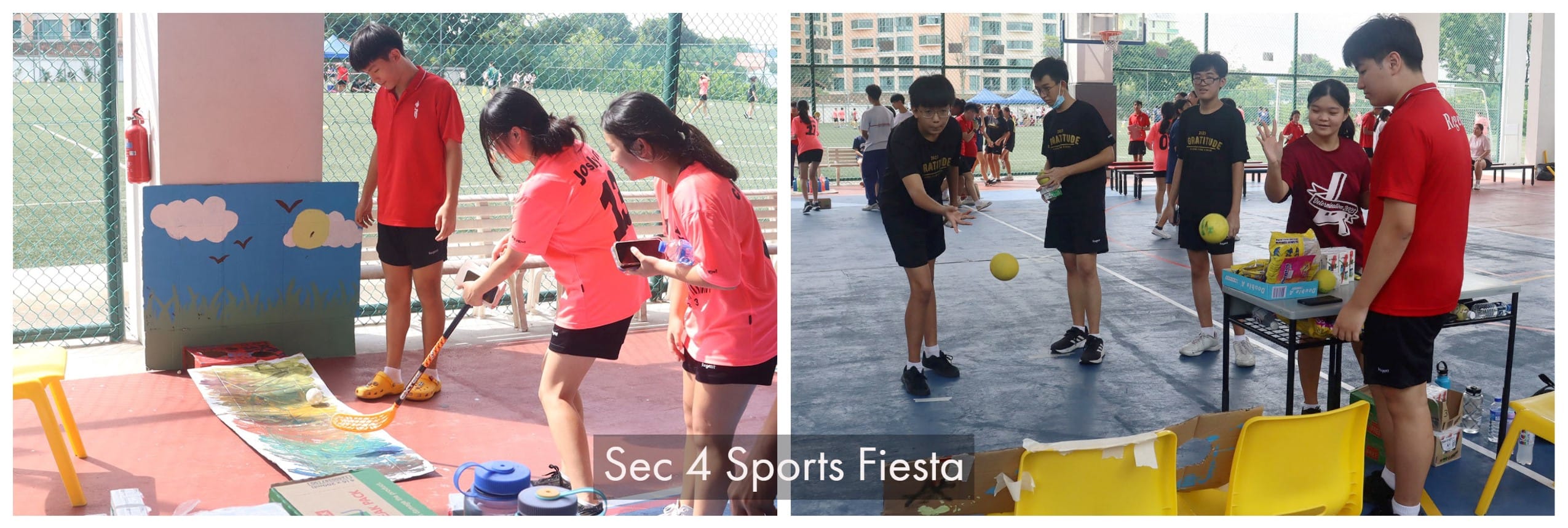 Students in red and black shirts participate in outdoor sports activities at a Sec 4 Sports Fiesta event.