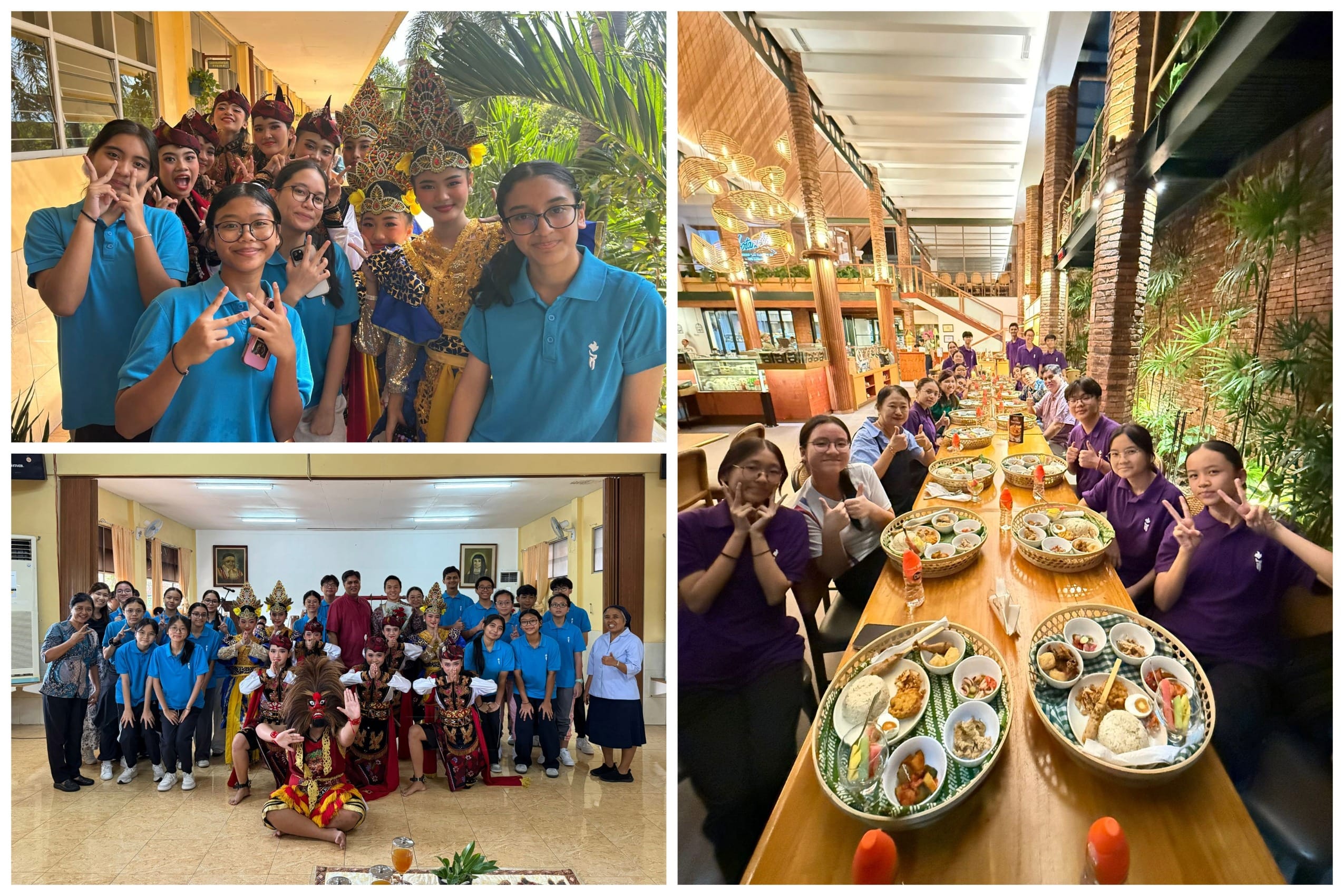 Students in blue and purple uniforms pose with Balinese dancers and share a meal at a long table with traditional dishes.