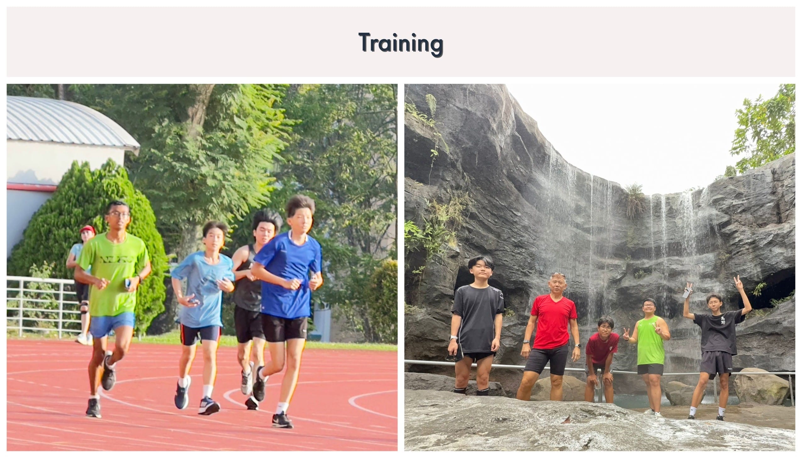 Two training scenes: youth running on a red track, and a group posing on rocks before a waterfall.