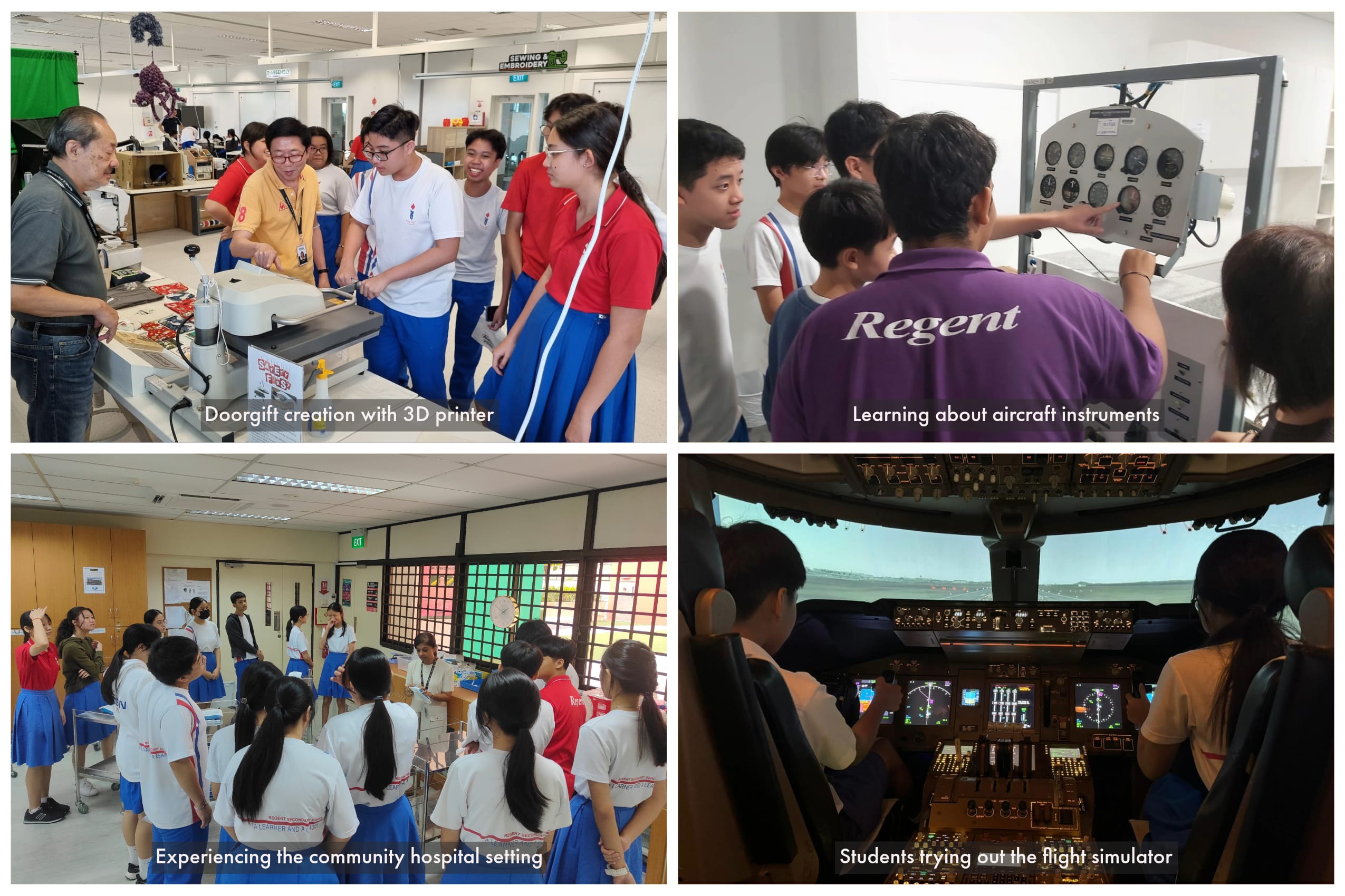 Four panels show students using a 3D printer, examining aircraft instruments, visiting a hospital, and trying a flight simulator.