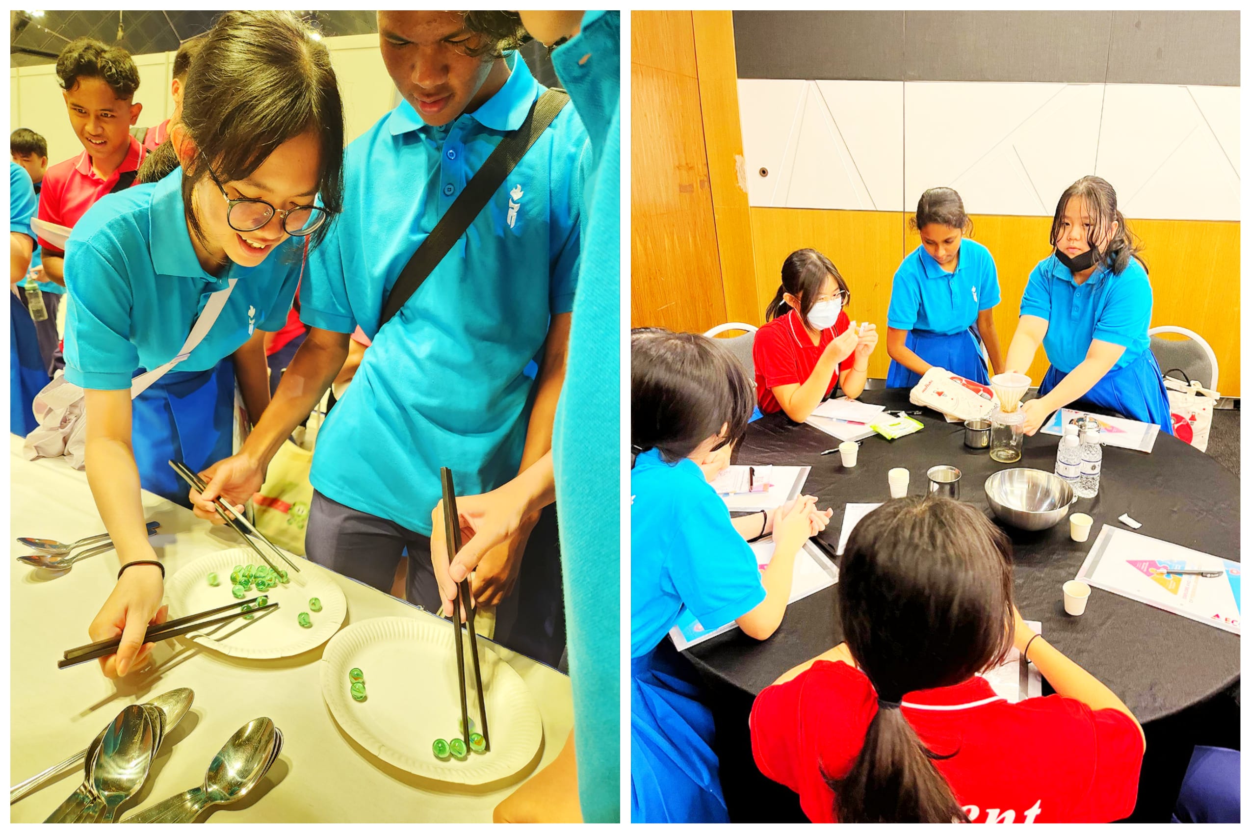 Students in blue shirts use chopsticks to pick green beads on plates; others sit at a table with notes.