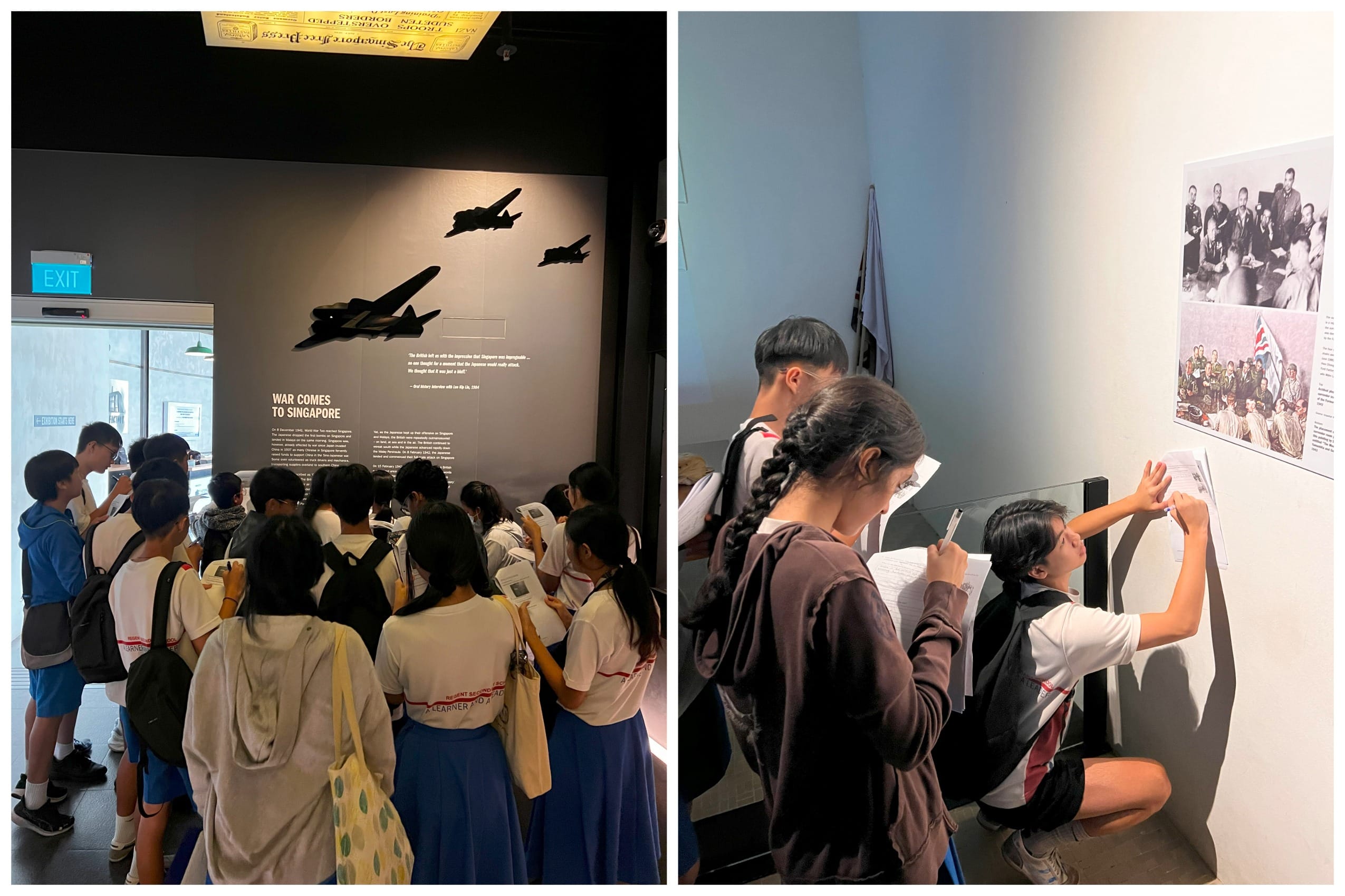 Students visit a museum exhibit titled War Comes to Singapore, viewing plane silhouettes and taking notes near historical photos.