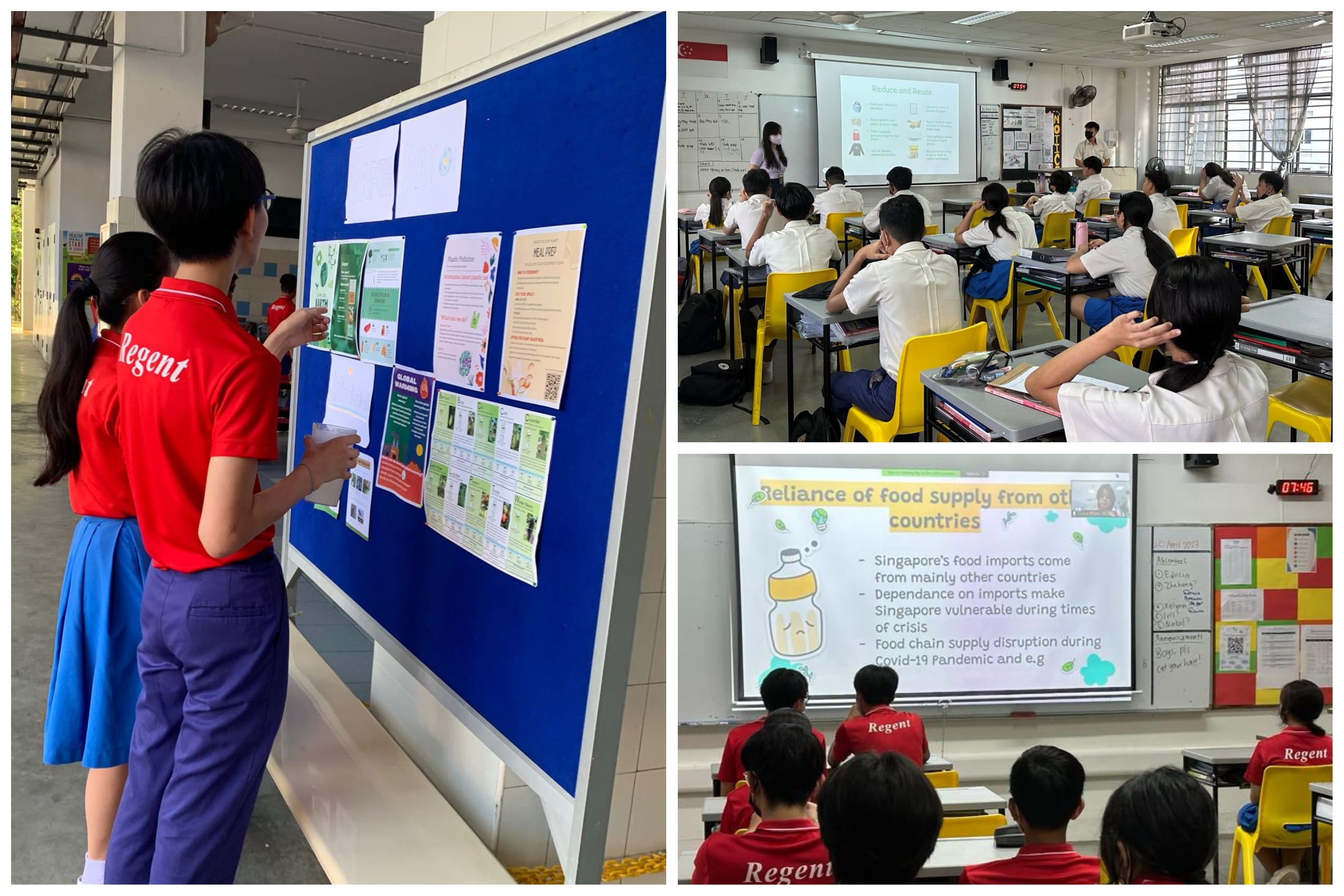 Three school scenes: students pinning posters on a board, a classroom presentation, and a food supply slideshow.