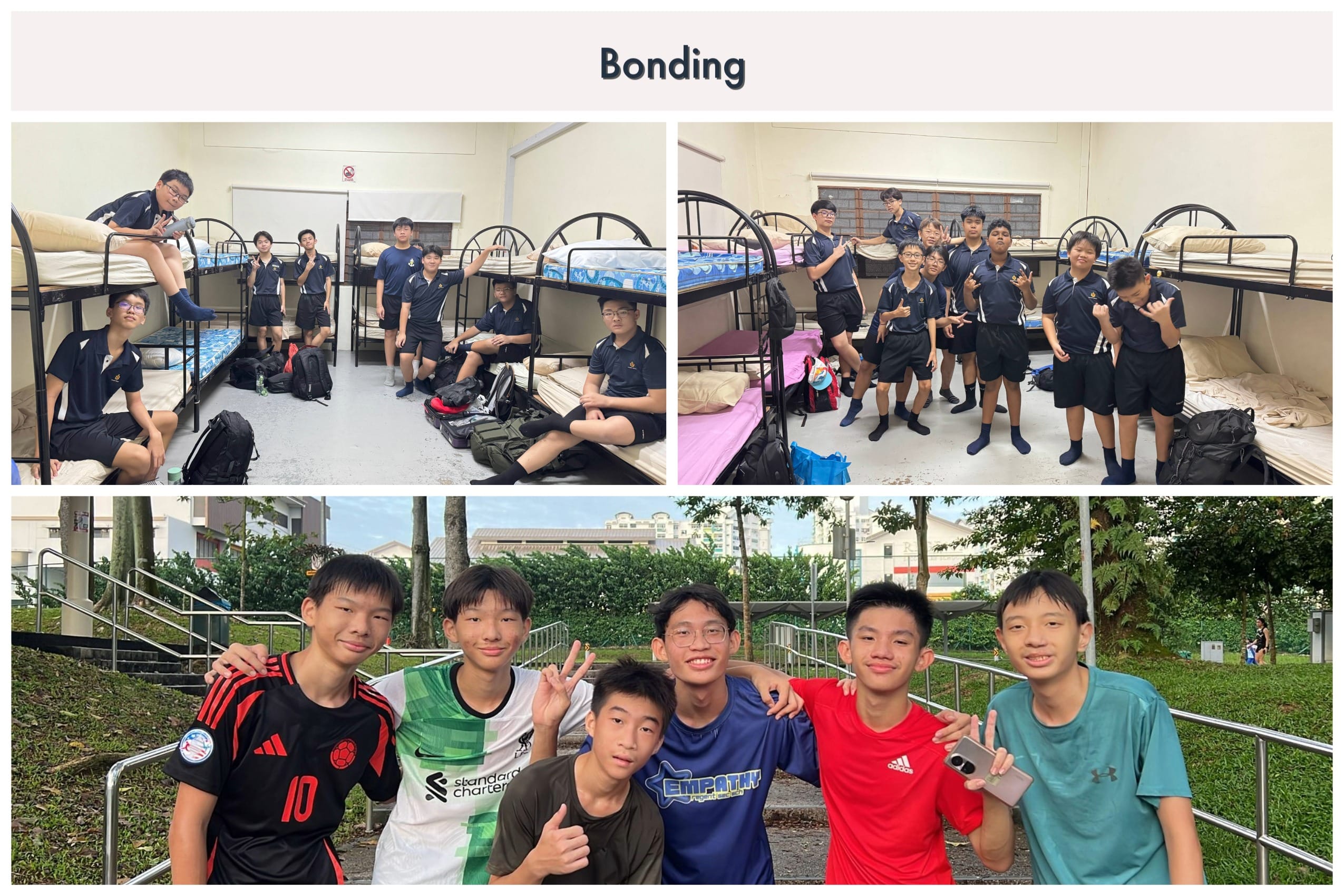 Three photos titled Bonding show teenage boys posing in dormitory rooms with bunk beds and outdoors near stairs.