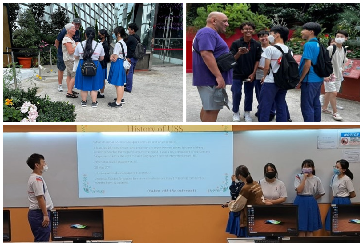 Students in uniforms interact with adults outdoors and present a slideshow titled History of USS indoors.