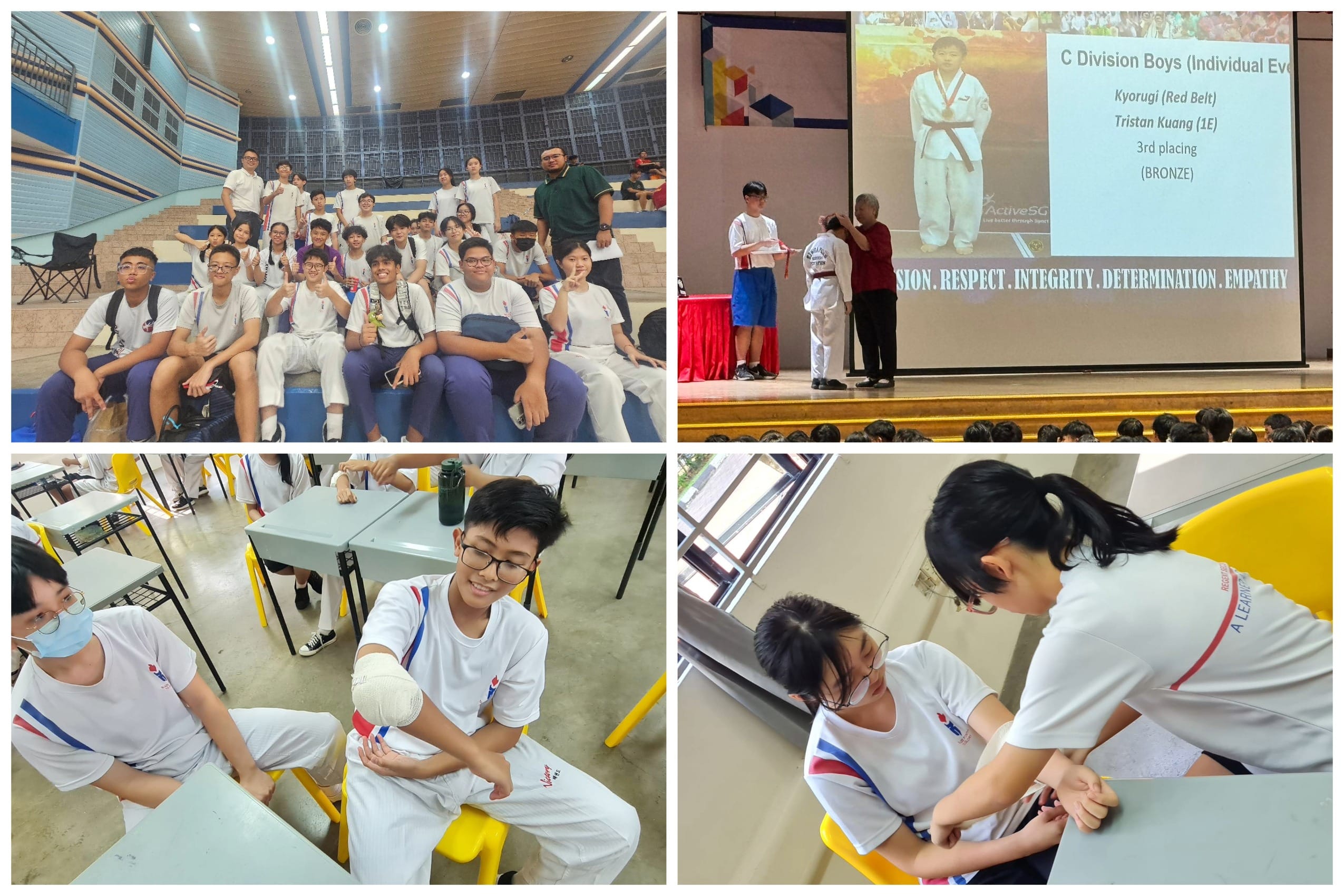 Four photos of students in white uniforms at a taekwondo event, including a group photo and a bronze medal award ceremony on stage.