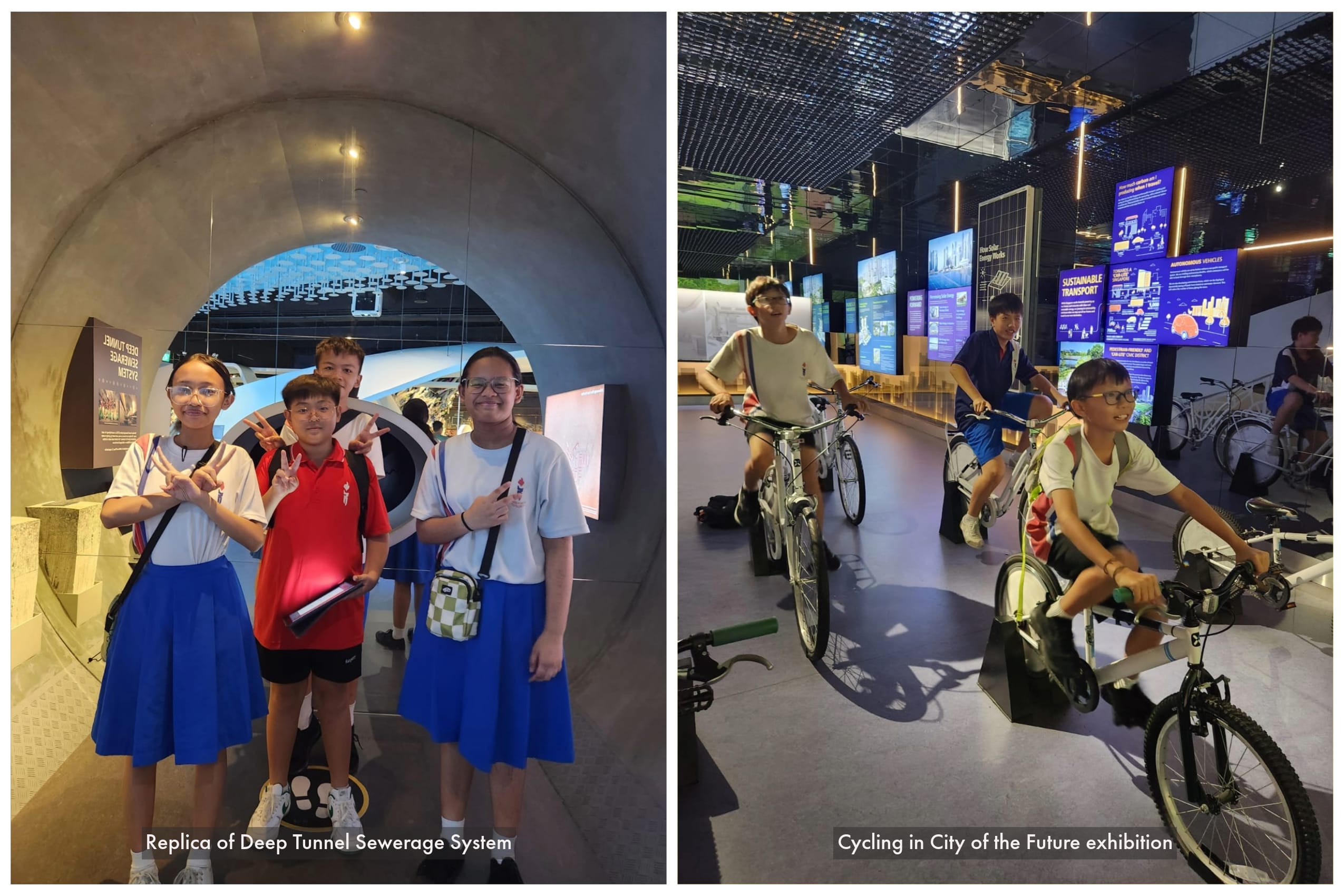 Students pose in a tunnel replica exhibit and ride stationary bikes at a City of the Future exhibition.