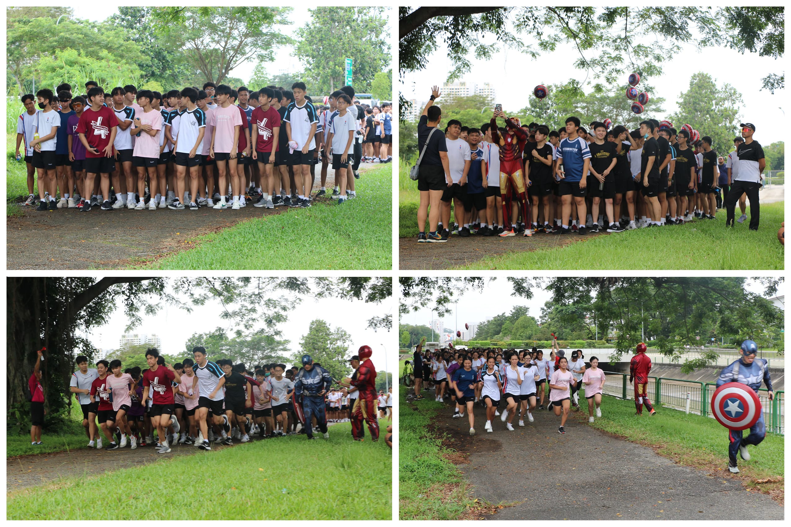 Four photos show students gathered, then starting a run on a park path with Iron Man and Captain America.