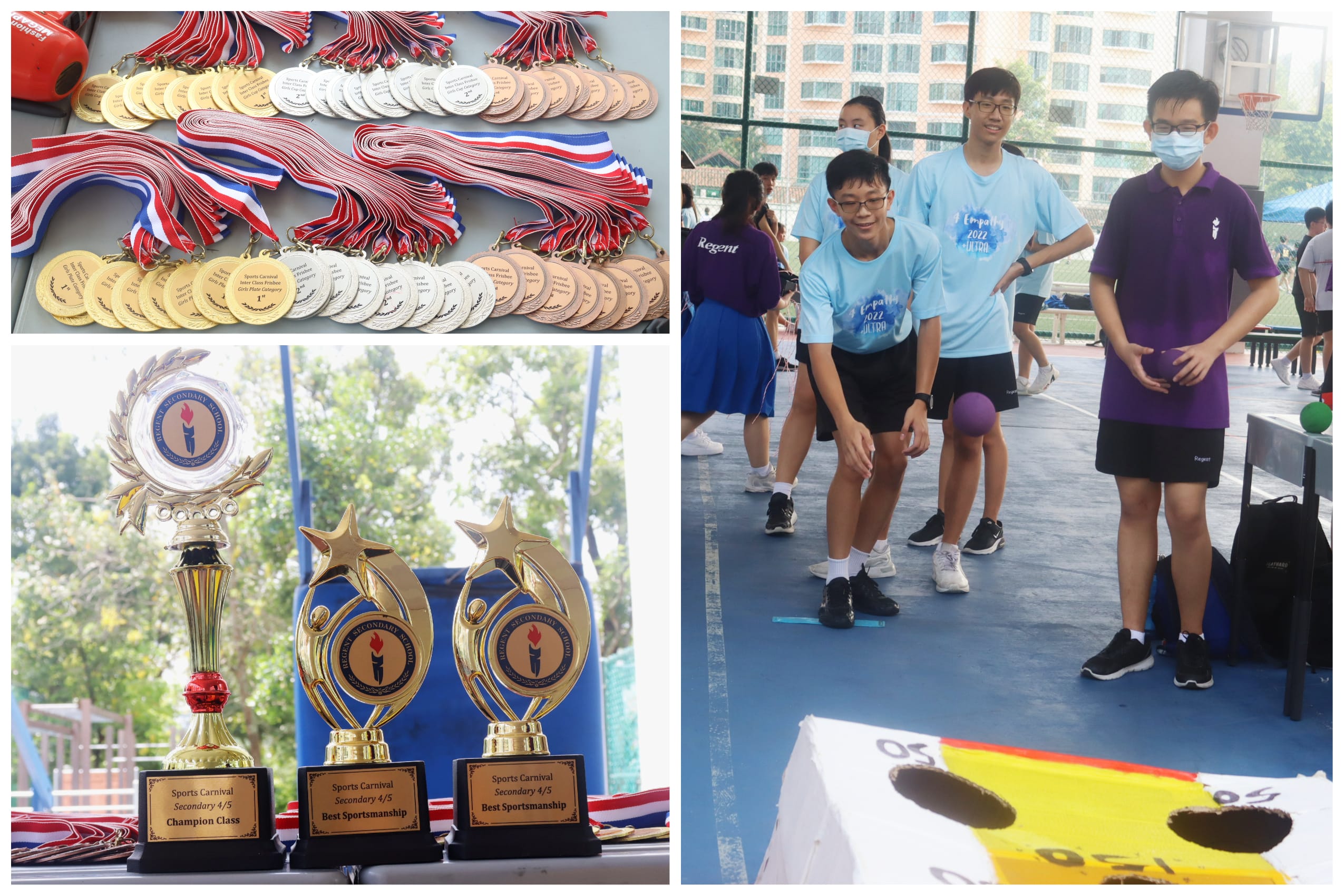 Medals and trophies on tables; students on a court play a beanbag toss game near a painted target board.
