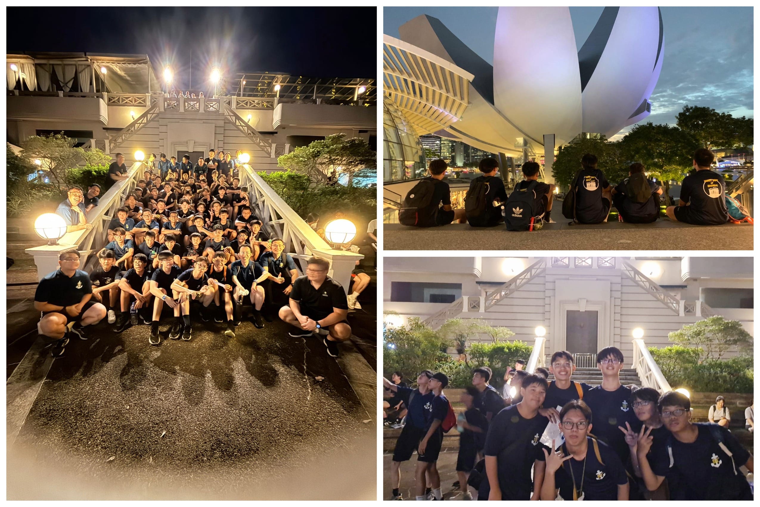 Three nighttime photos of a large youth group in black uniforms posing on steps and sitting near a modern curved structure.