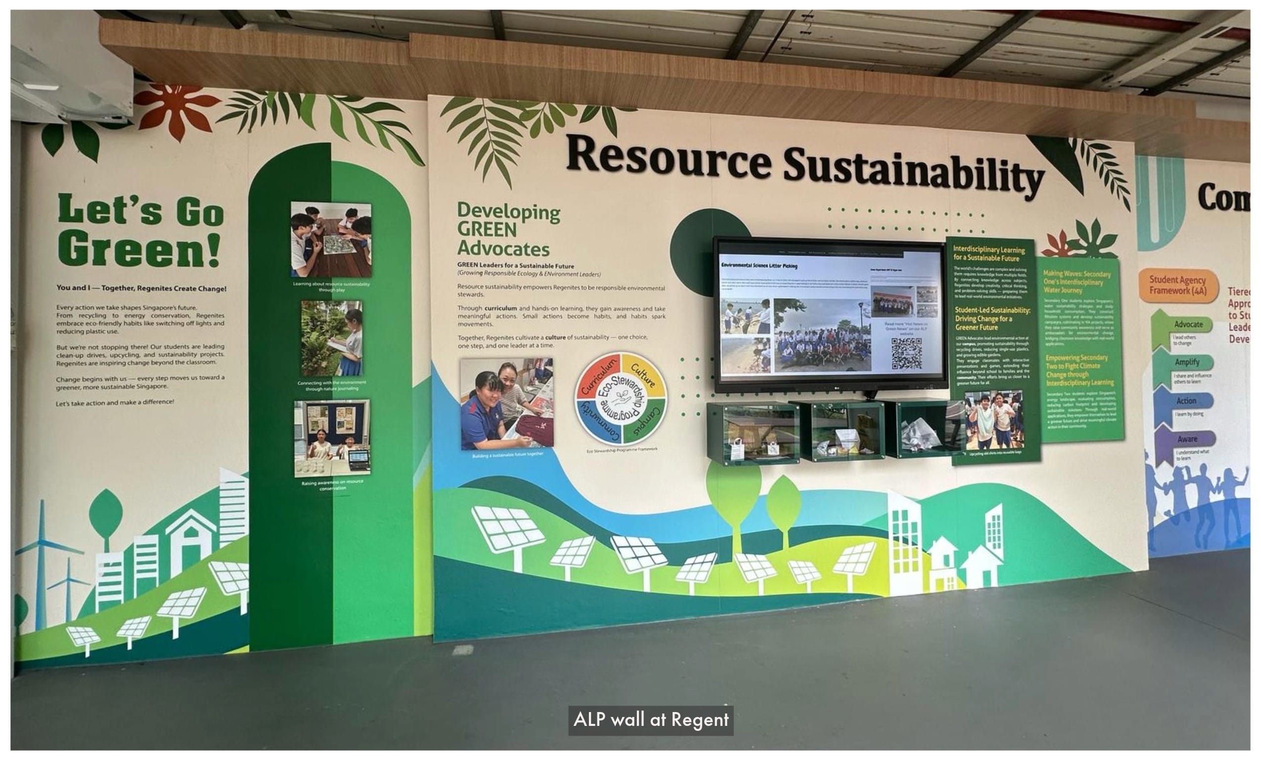 Green-themed display wall titled Resource Sustainability with panels on eco advocacy, a screen, and illustrated solar panels.