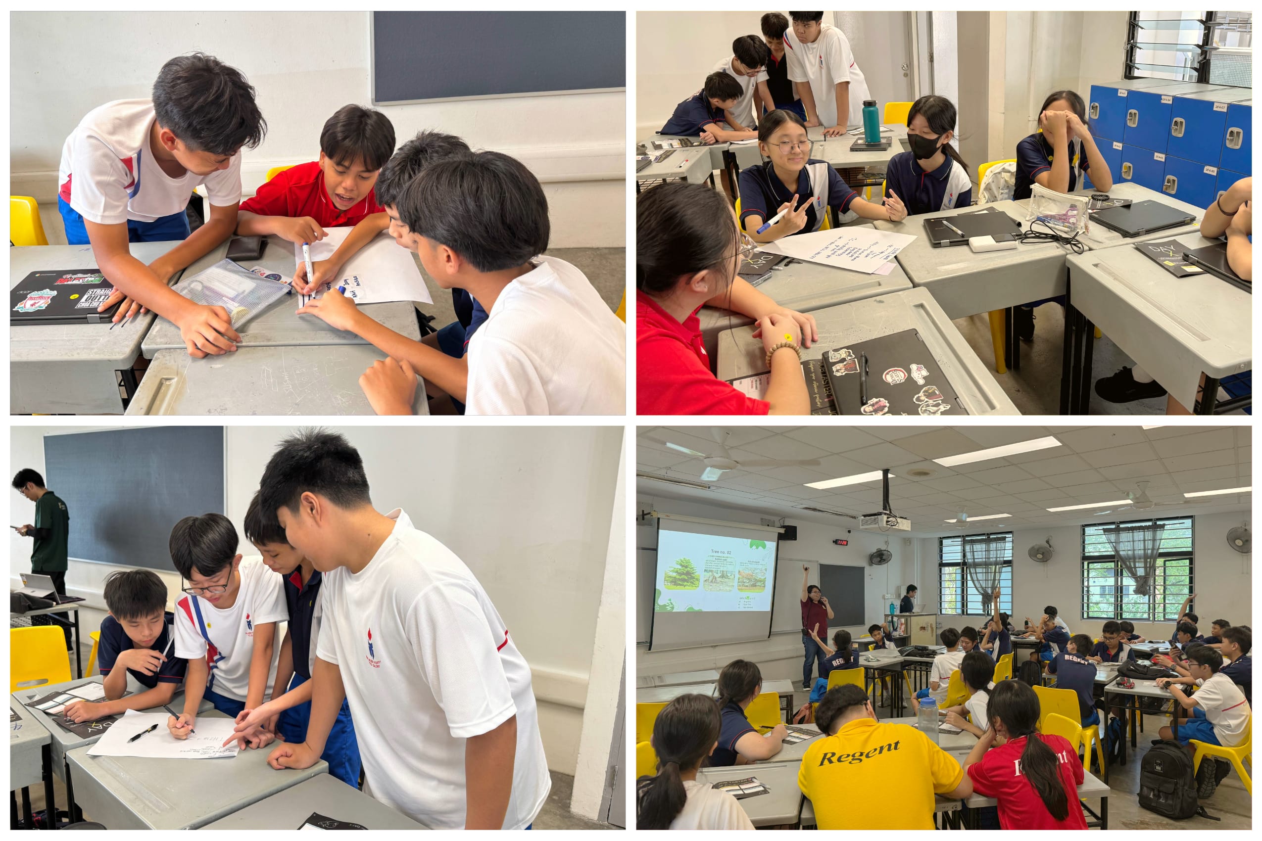 Collage of students collaborating at desks and a teacher presenting slides to a classroom.